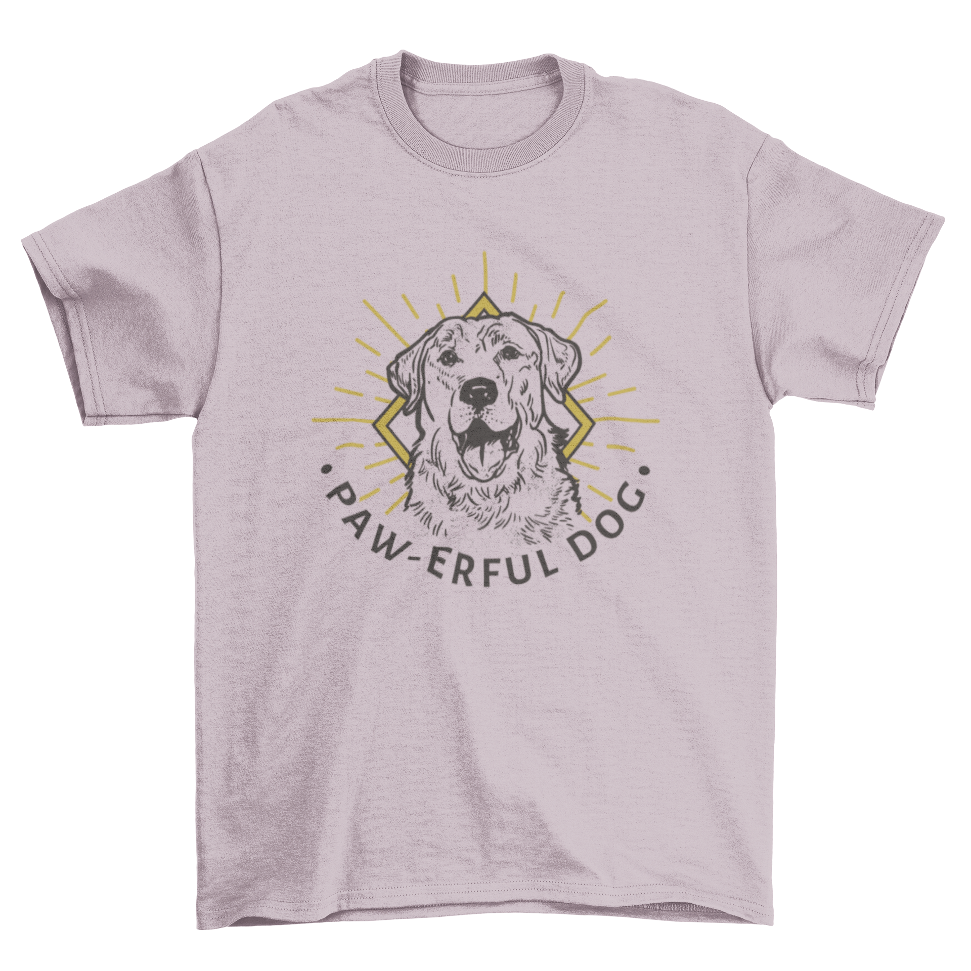 Hand-drawn t-shirt featuring a golden retriever and the quote 'Paw-erful dog'.