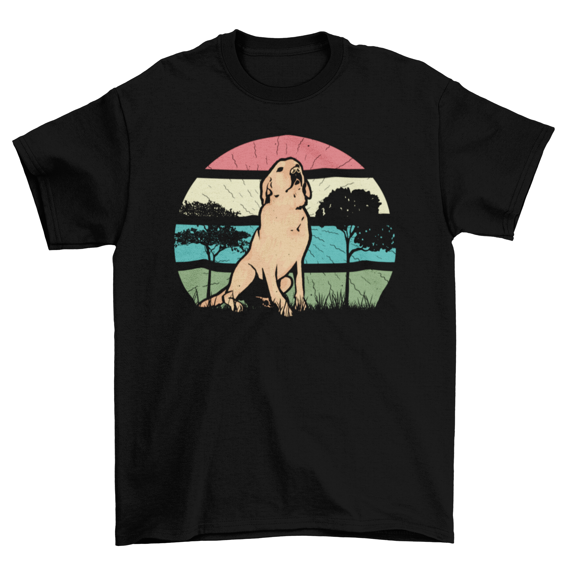 Golden Retriever Retro t-shirt featuring a golden retriever in front of a colorful retro sunset.