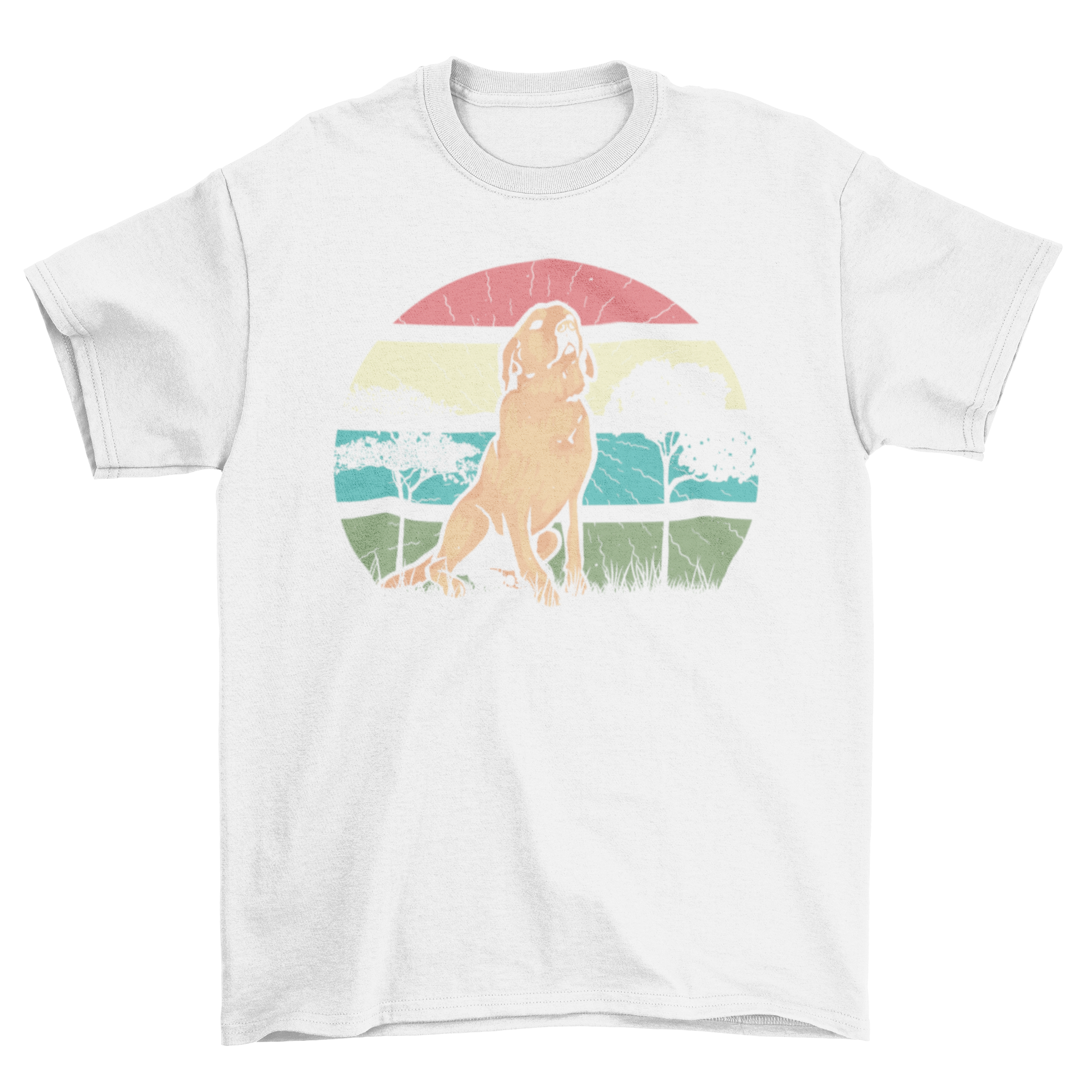 Golden Retriever Retro t-shirt featuring a golden retriever in front of a colorful retro sunset.