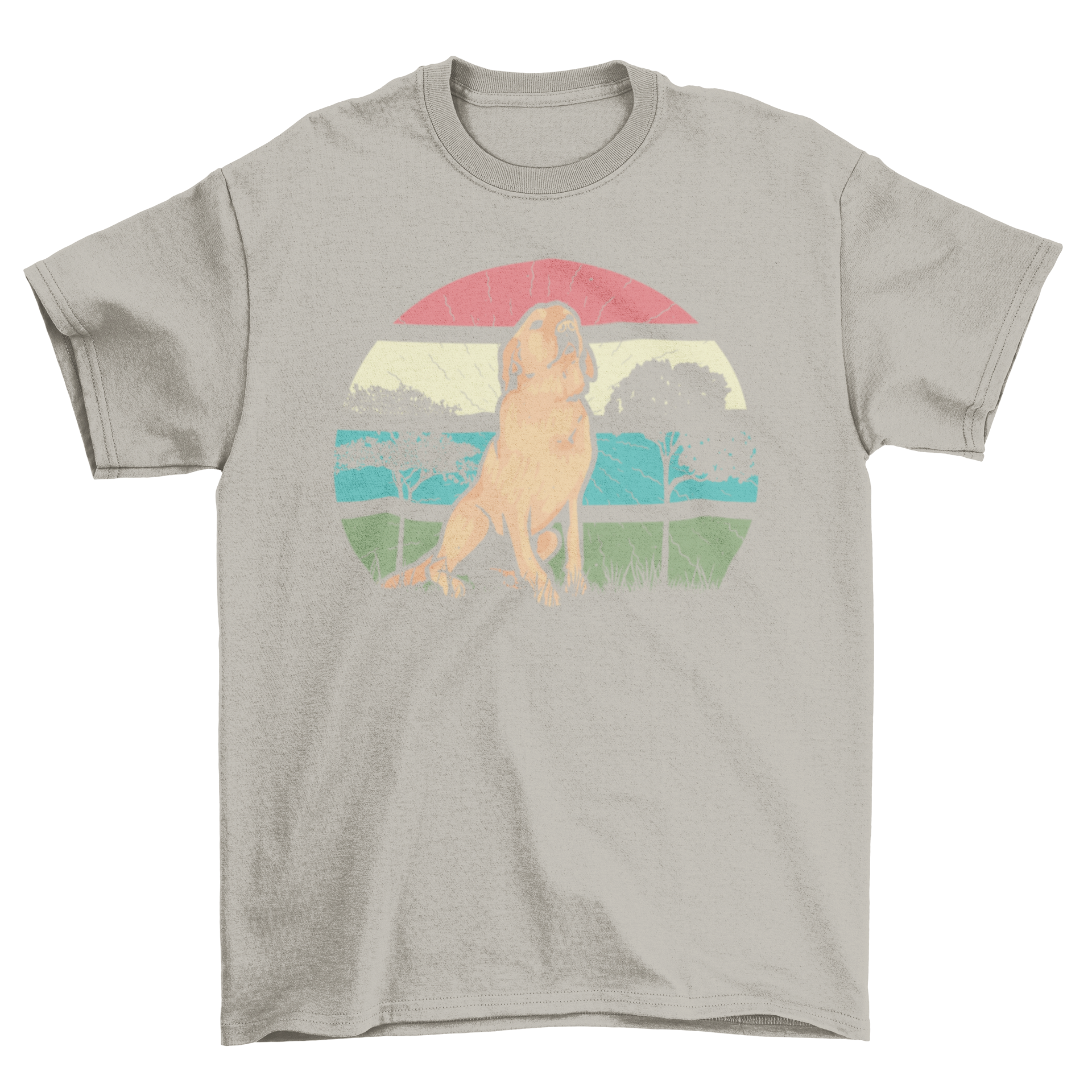 Golden Retriever Retro t-shirt featuring a golden retriever in front of a colorful retro sunset.