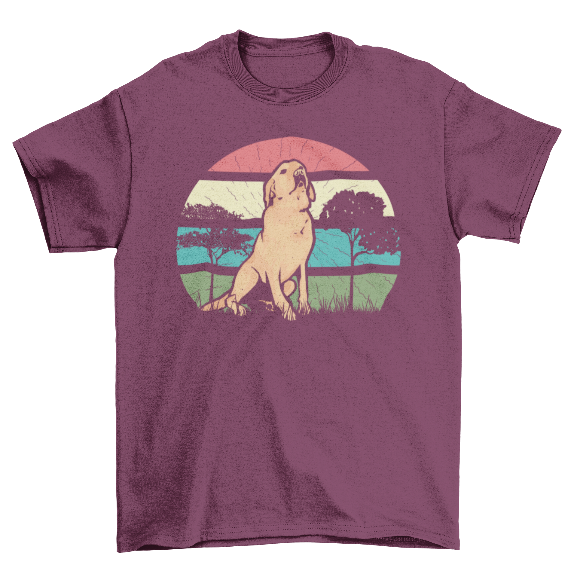 Golden Retriever Retro t-shirt featuring a golden retriever in front of a colorful retro sunset.