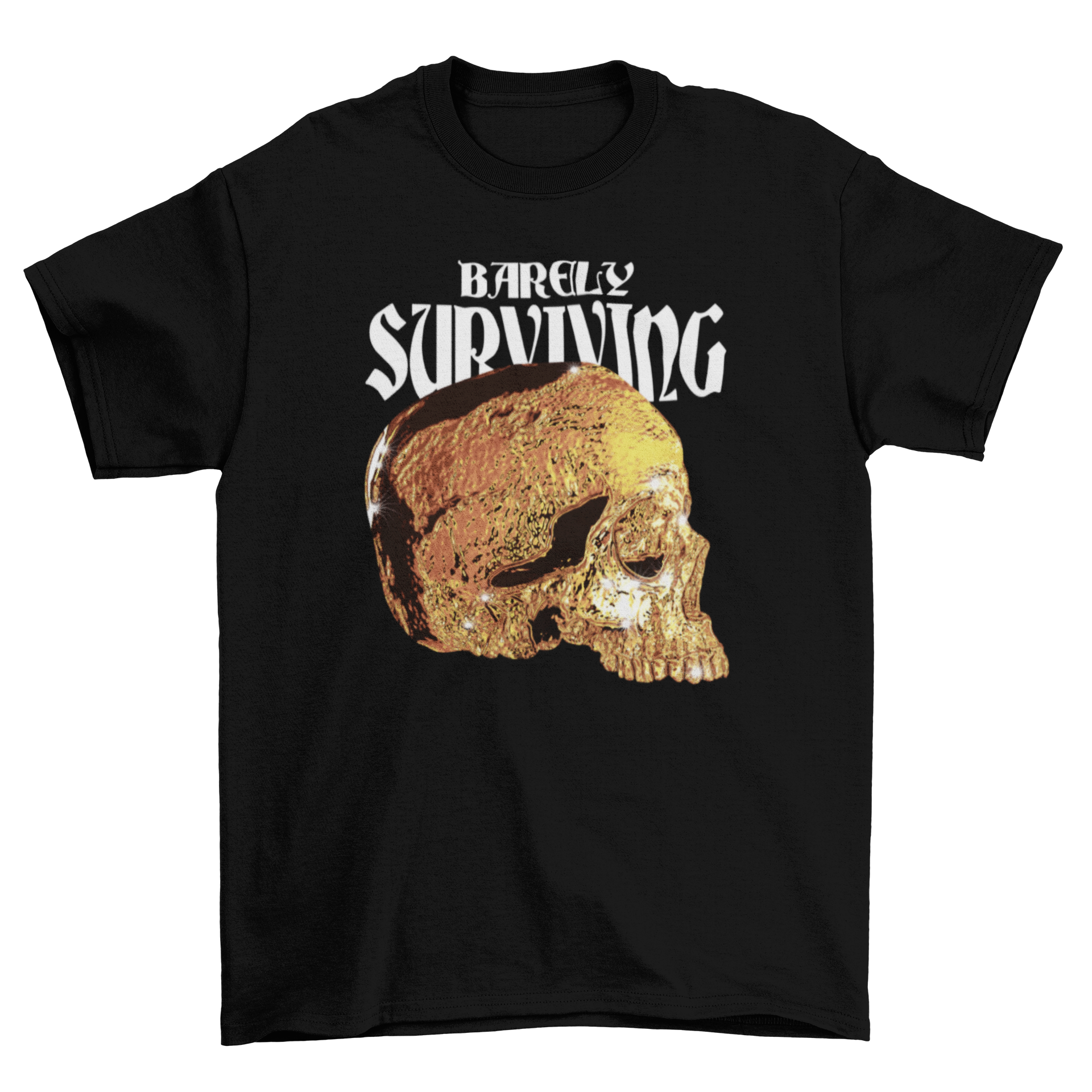 Golden skull t-shirt featuring a striking golden skull graphic and the quote 'Barely surviving' on a stylish black background.