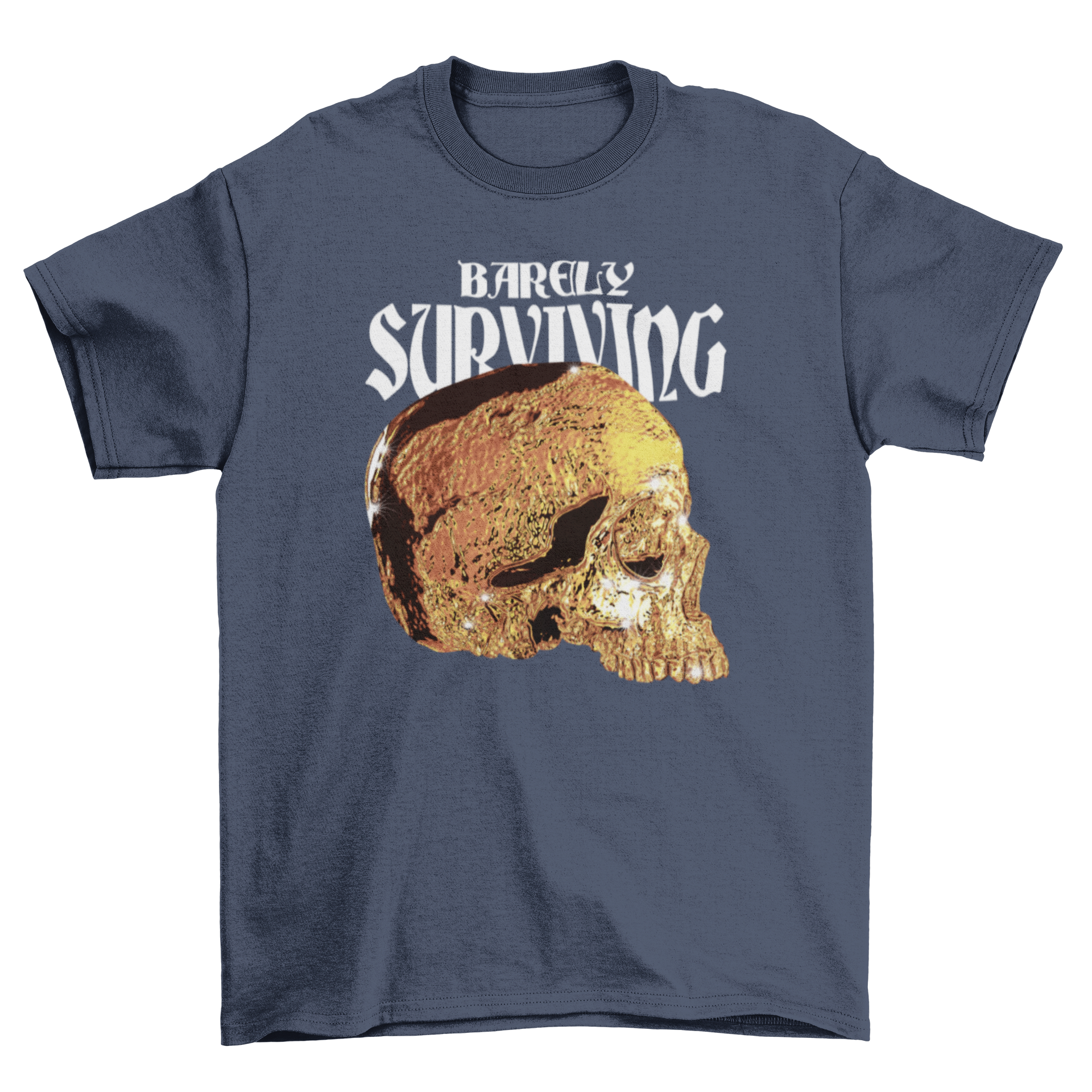 Golden skull t-shirt featuring a striking golden skull graphic and the quote 'Barely surviving' on a stylish black background.