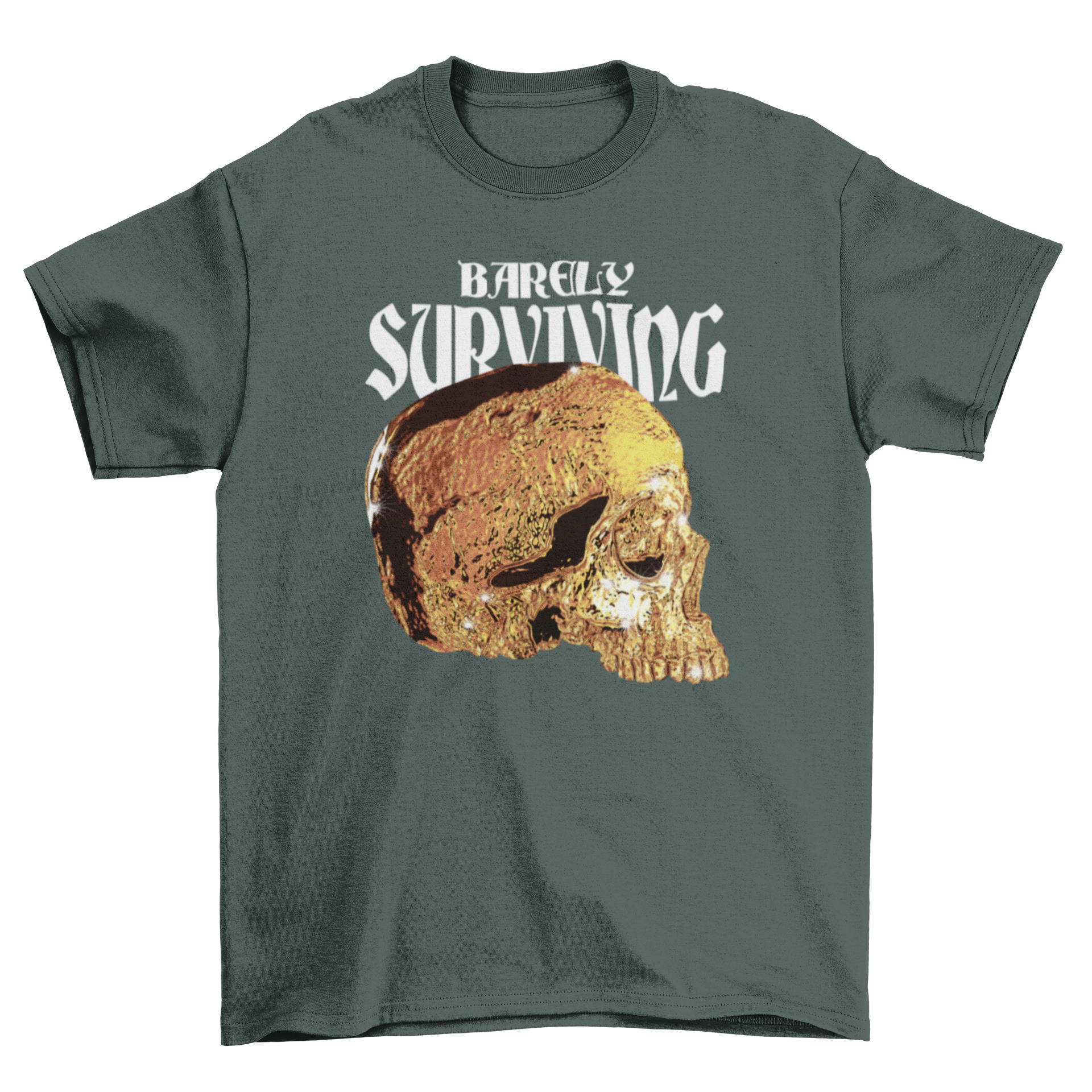 Golden skull t-shirt featuring a striking golden skull graphic and the quote 'Barely surviving' on a stylish black background.