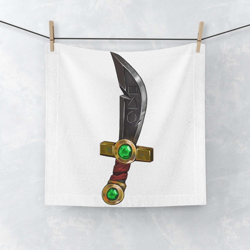 Golden Sword Face Towel featuring a customizable polyester front and soft cotton back, ideal for drying and personal expression.