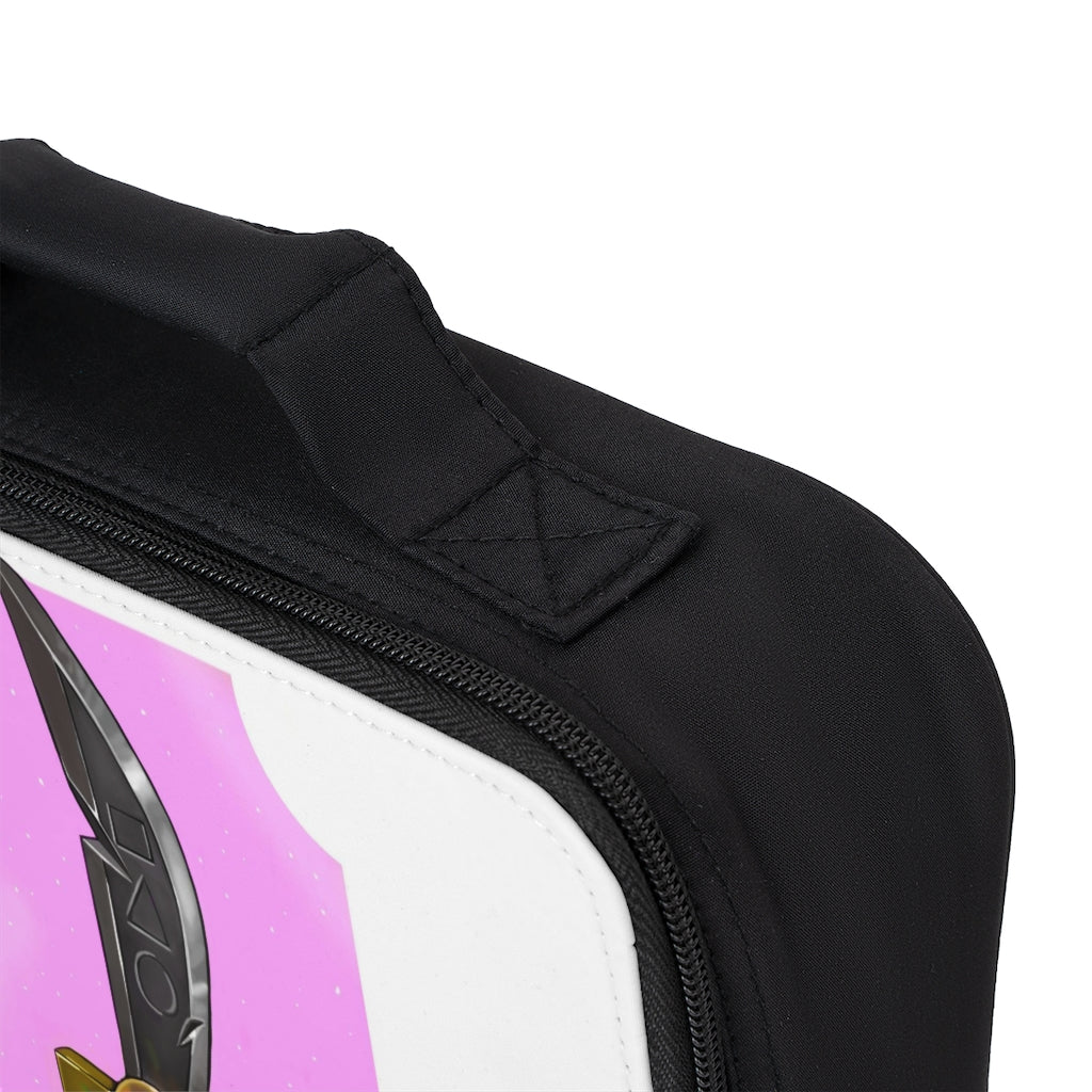 Golden Sword Lunch Bag featuring a black base and customizable white area, designed for adults and kids with a zippered closure and carrying handle.