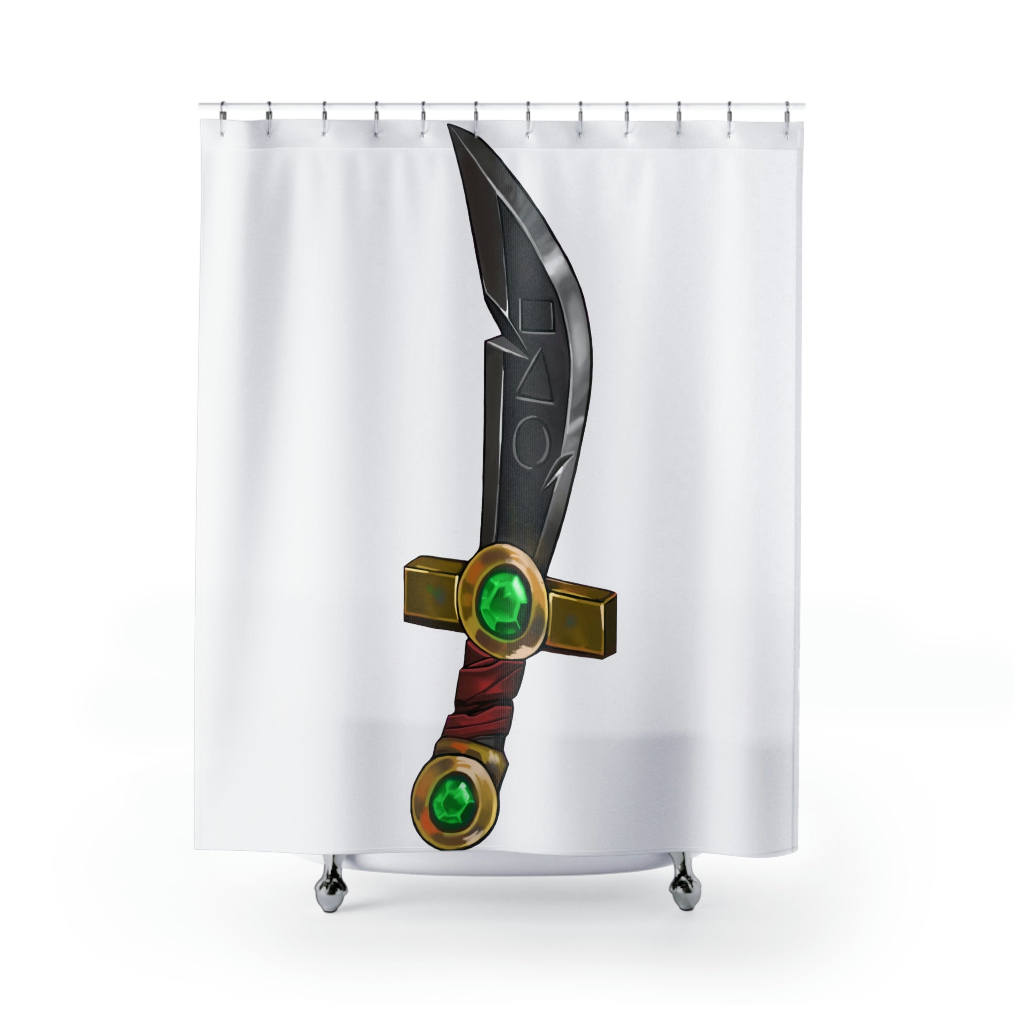 Golden Sword Shower Curtain featuring a vibrant design on durable polyester fabric, perfect for enhancing bathroom decor.