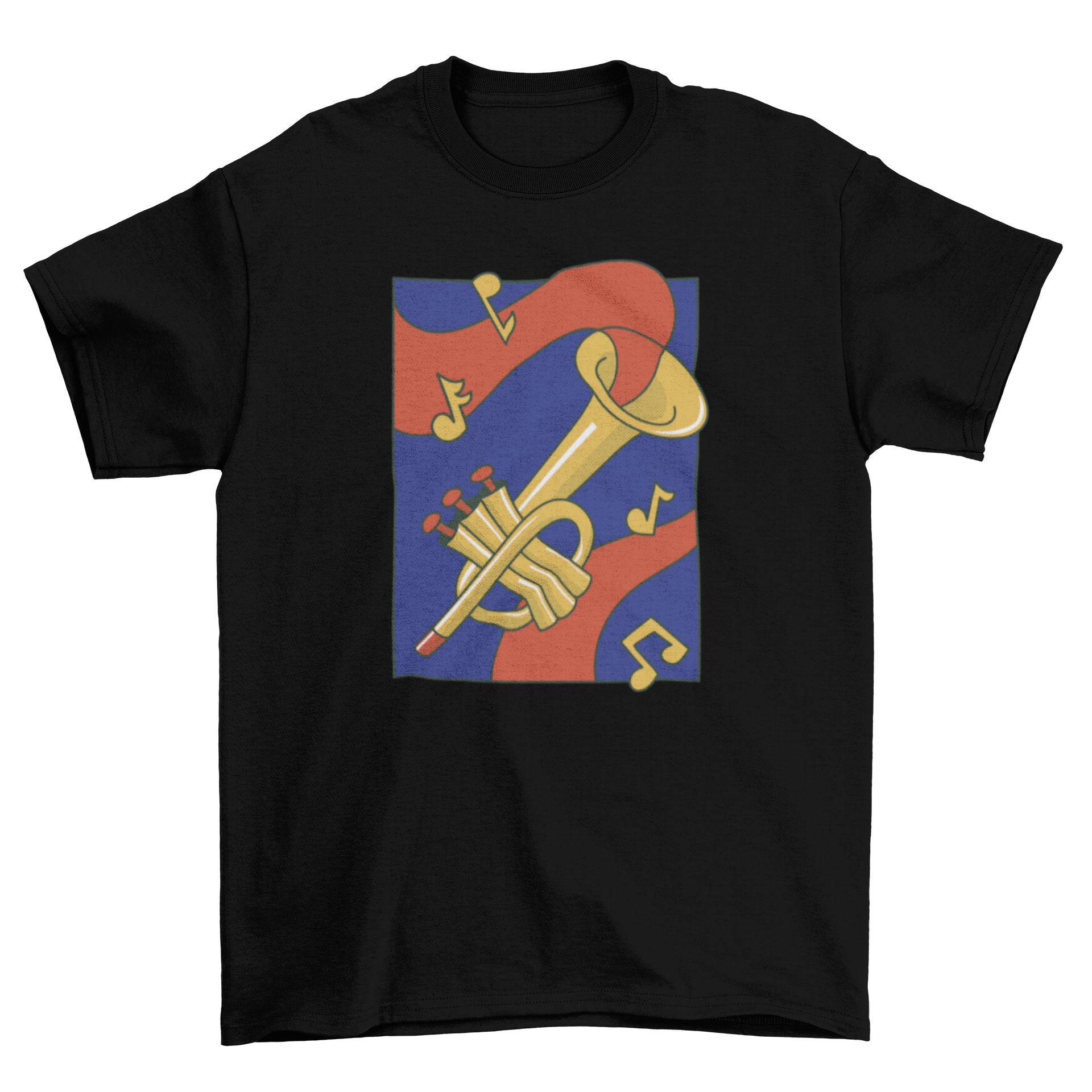 Golden trumpet music instrument t-shirt featuring a vibrant trumpet design.