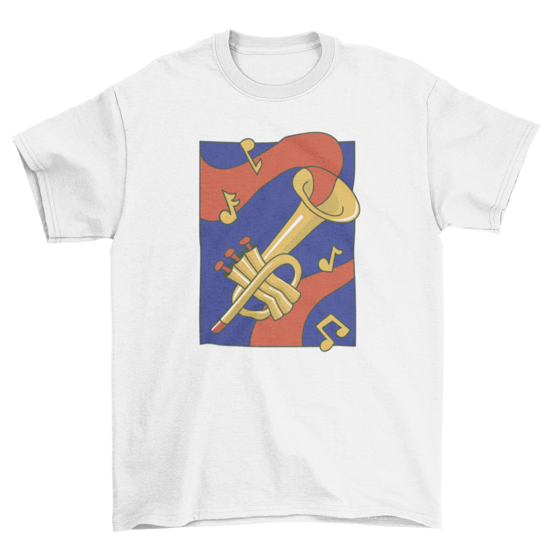 Golden trumpet music instrument t-shirt featuring a vibrant trumpet design.