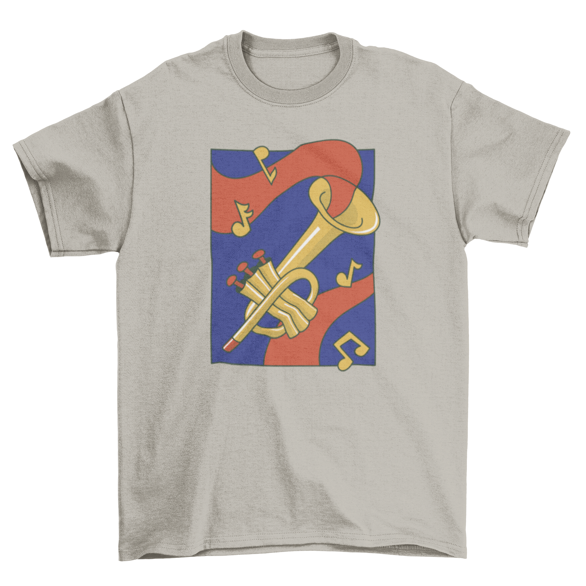 Golden trumpet music instrument t-shirt featuring a vibrant trumpet design.