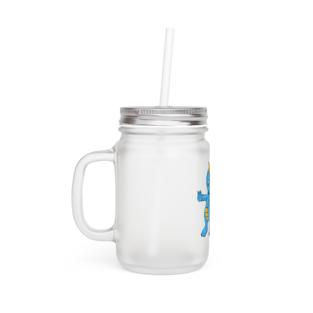 A stylish Goldi Mason Jar made of frosted glass, featuring a straw and lid, perfect for personalized drinks.