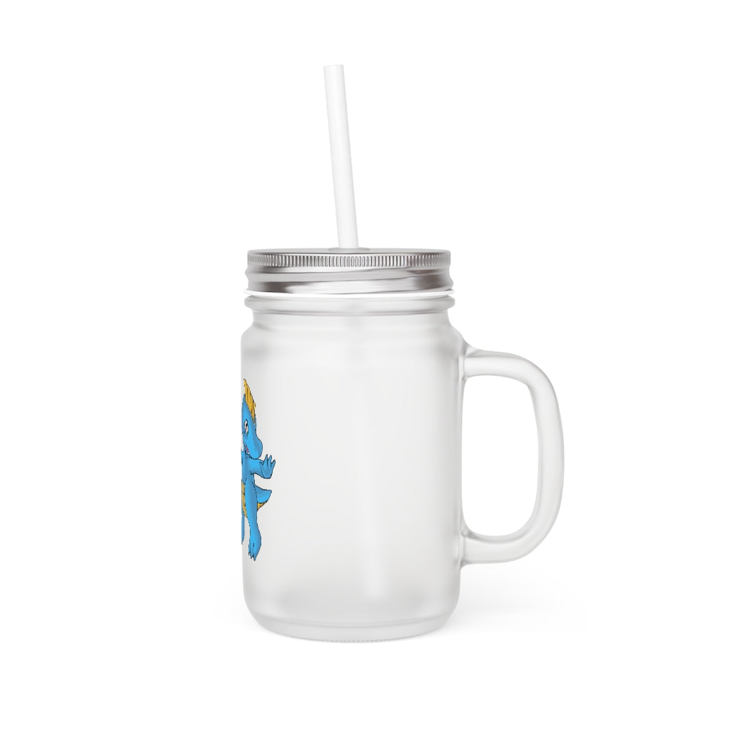 A stylish Goldi Mason Jar made of frosted glass, featuring a straw and lid, perfect for personalized drinks.