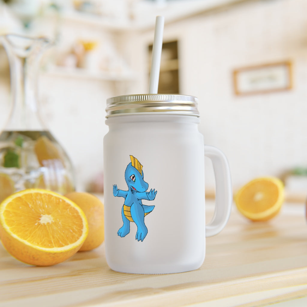 A stylish Goldi Mason Jar made of frosted glass, featuring a straw and lid, perfect for personalized drinks.