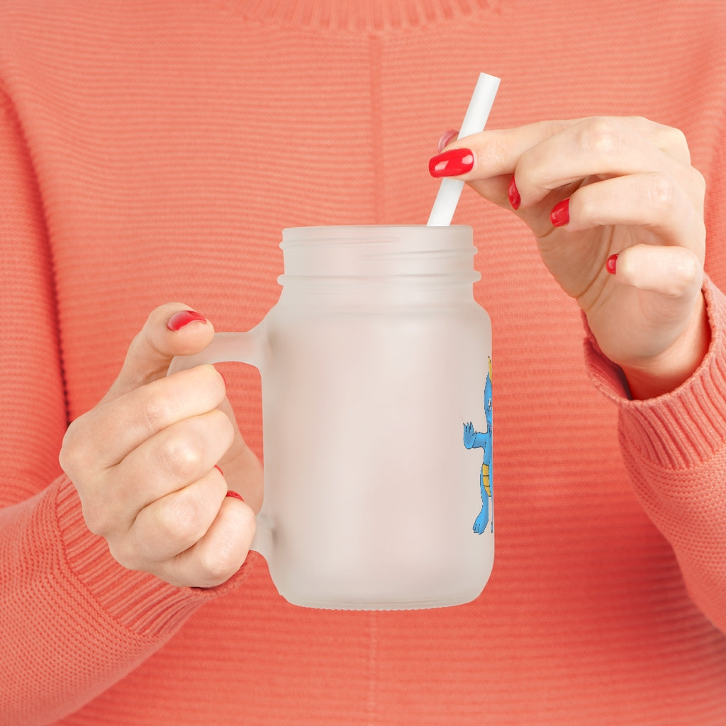 A stylish Goldi Mason Jar made of frosted glass, featuring a straw and lid, perfect for personalized drinks.