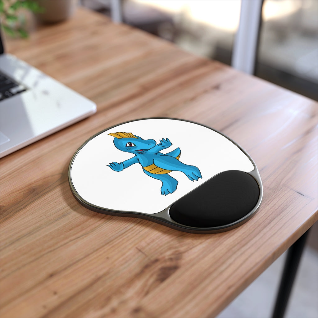 Goldi Mouse Pad with ergonomic Memory Foam wrist rest and custom-printed neoprene insert, foot-shaped black plastic base.