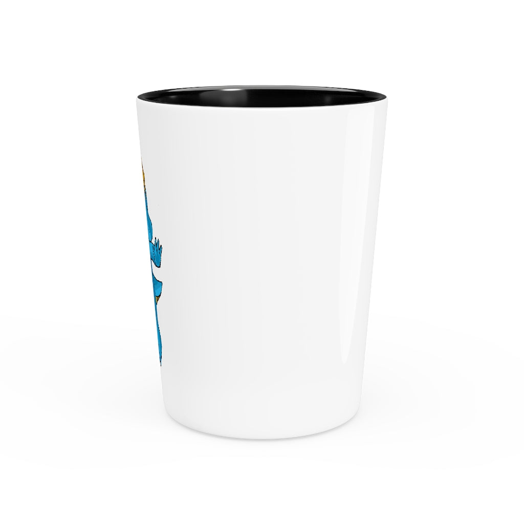 A stylish Goldi Shot Glass made of white ceramic with a customizable design, featuring a black interior, perfect for personalized gifting.