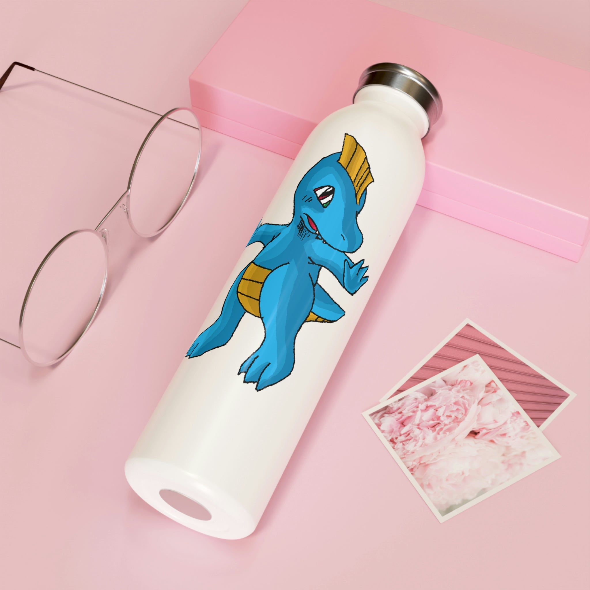 Goldi Slim Water Bottle with matte finish and silver cap, showcasing personalized designs.