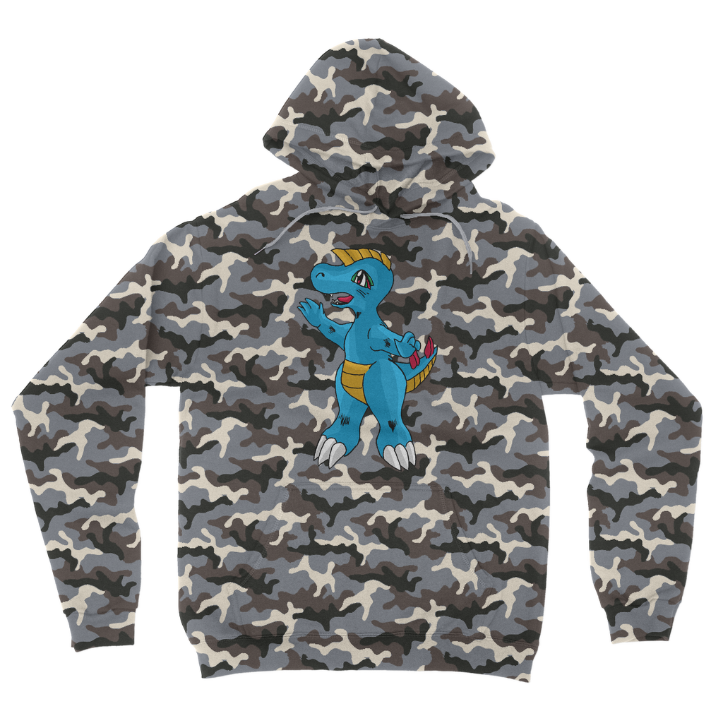 Goldile Camouflage Adult Hoodie featuring an all-over camo design, double fabric hood, and kangaroo pouch pocket.