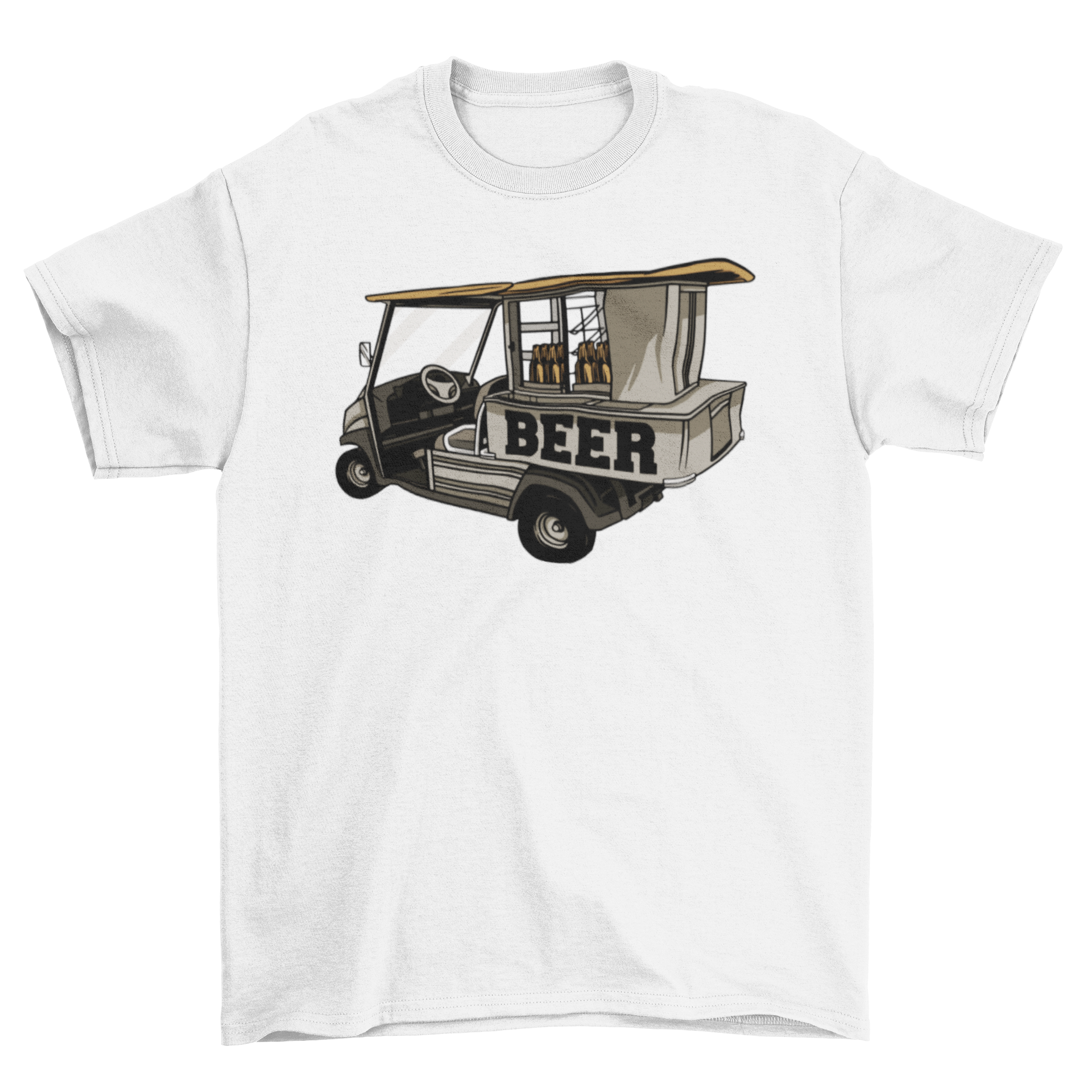 A stylish t-shirt featuring a fun graphic of a golf cart selling beer, perfect for golf enthusiasts.