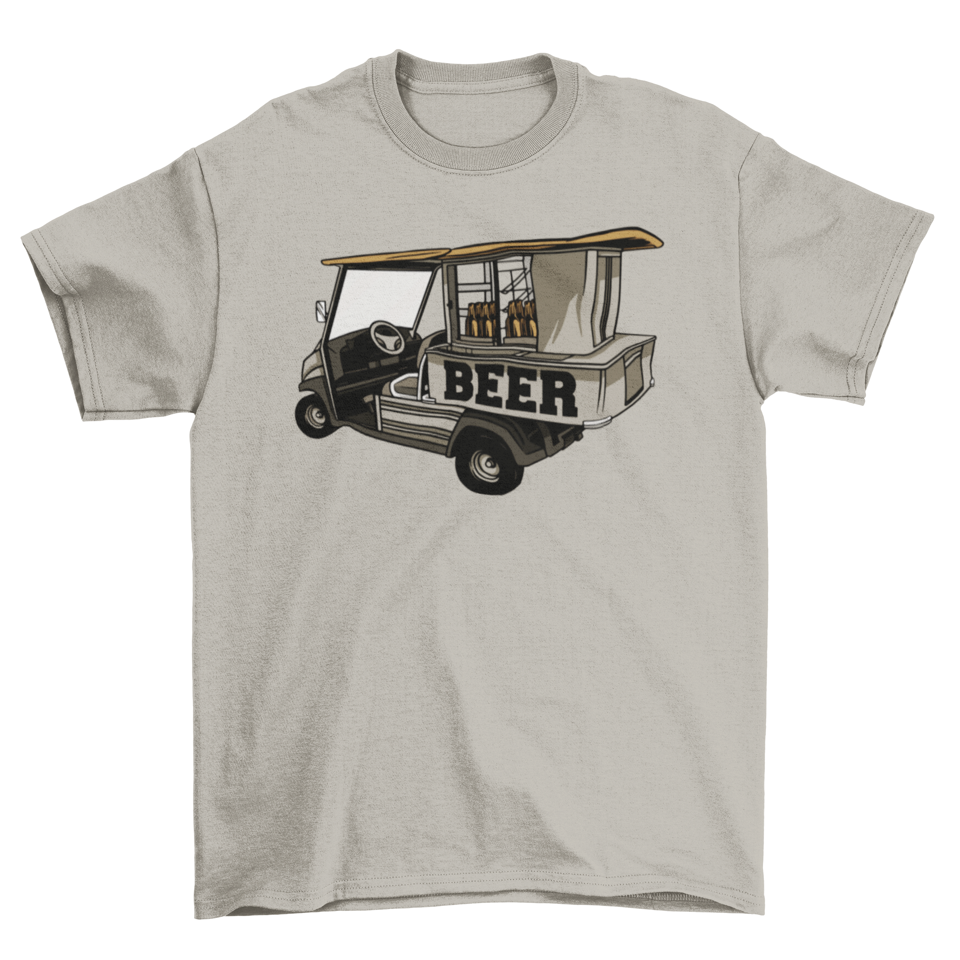 A stylish t-shirt featuring a fun graphic of a golf cart selling beer, perfect for golf enthusiasts.