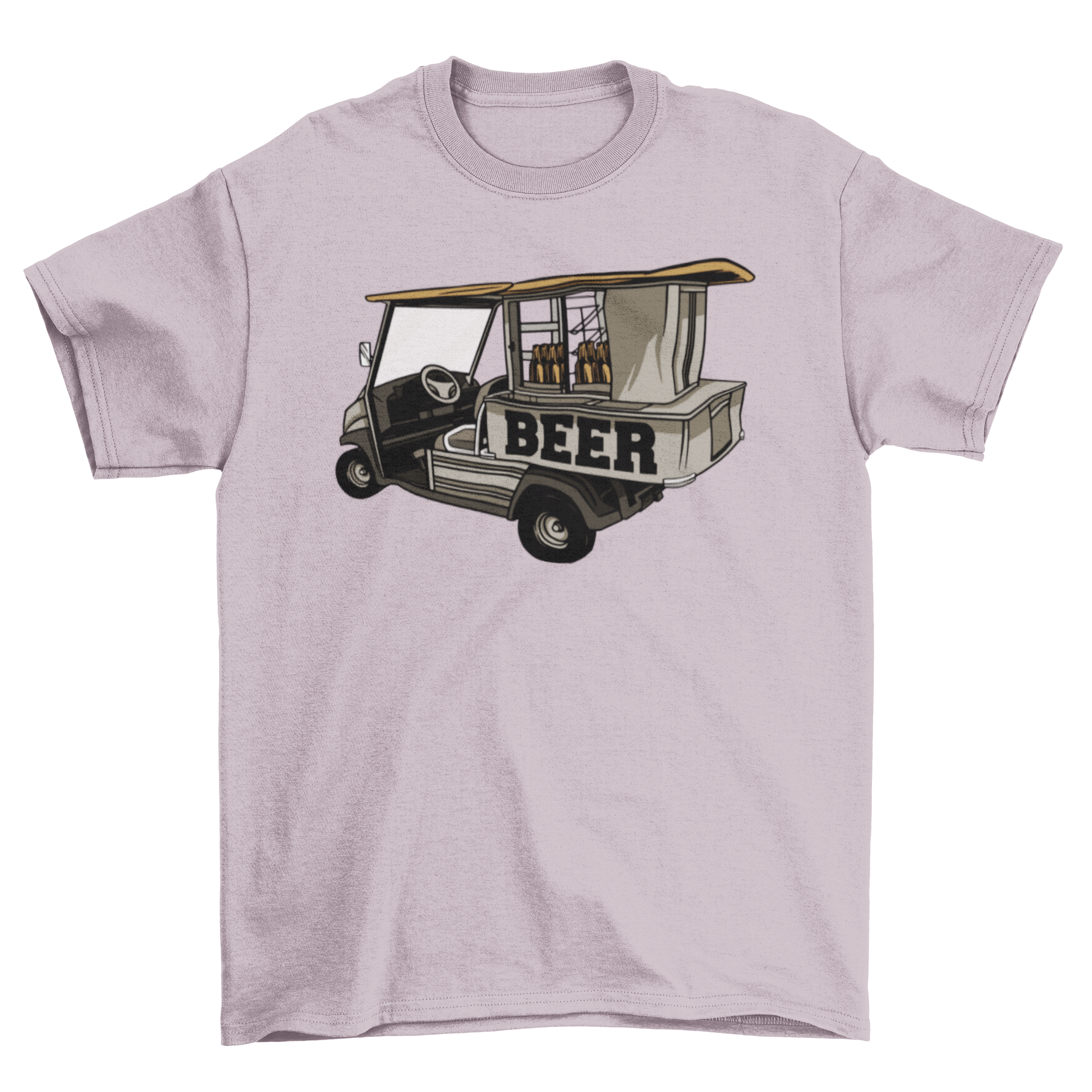 A stylish t-shirt featuring a fun graphic of a golf cart selling beer, perfect for golf enthusiasts.