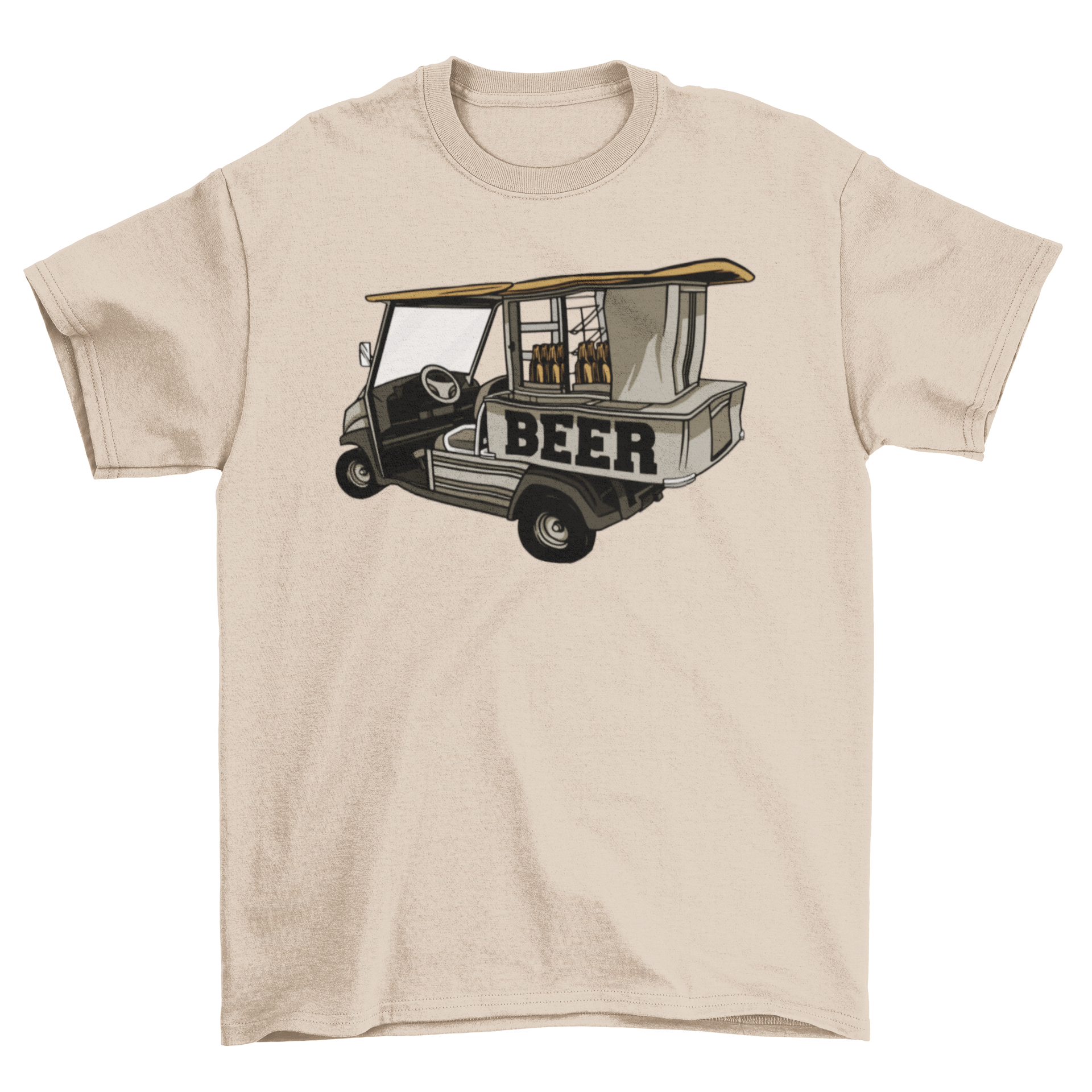 A stylish t-shirt featuring a fun graphic of a golf cart selling beer, perfect for golf enthusiasts.