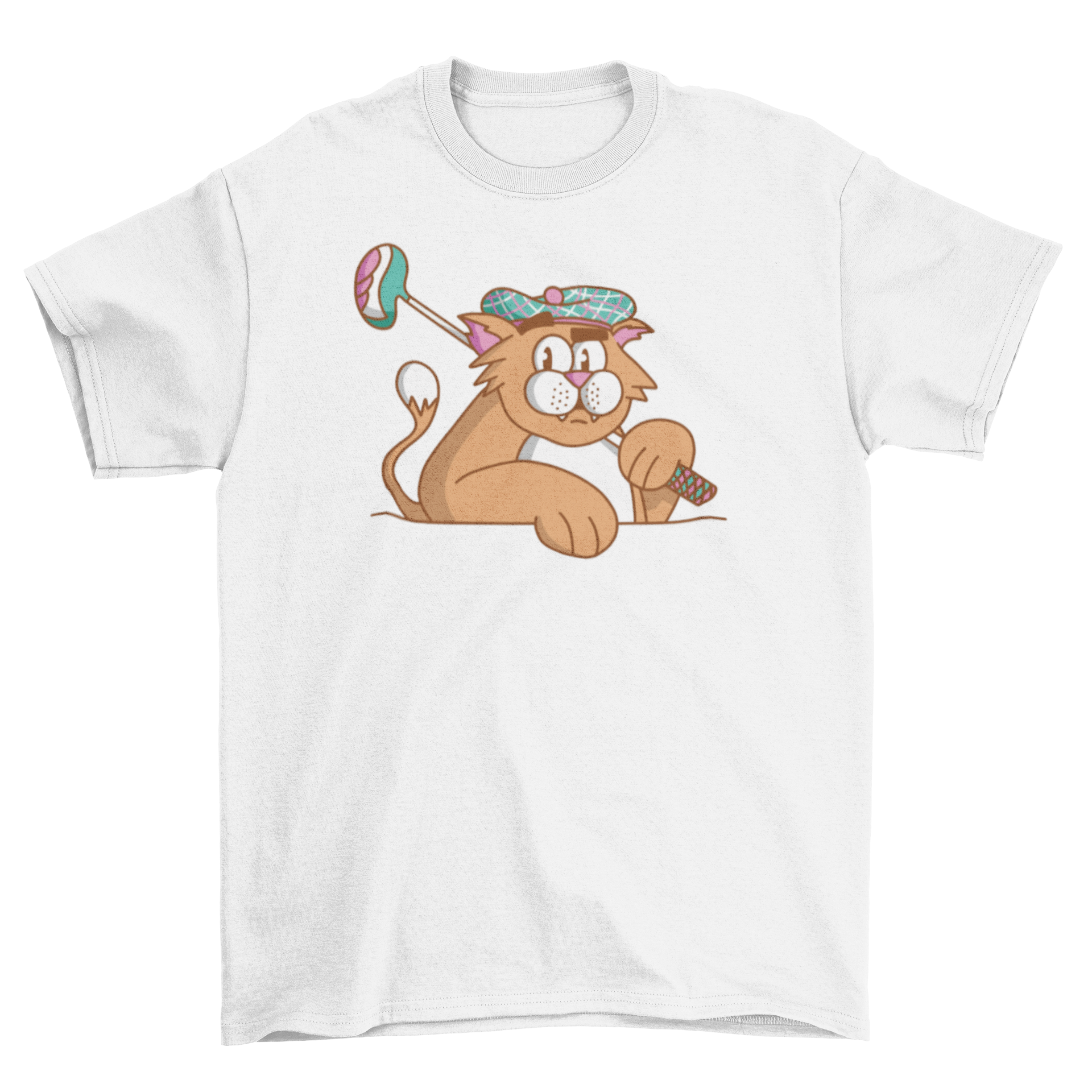 A humorous t-shirt featuring a cat dressed in gold attire, perfect for golf enthusiasts.