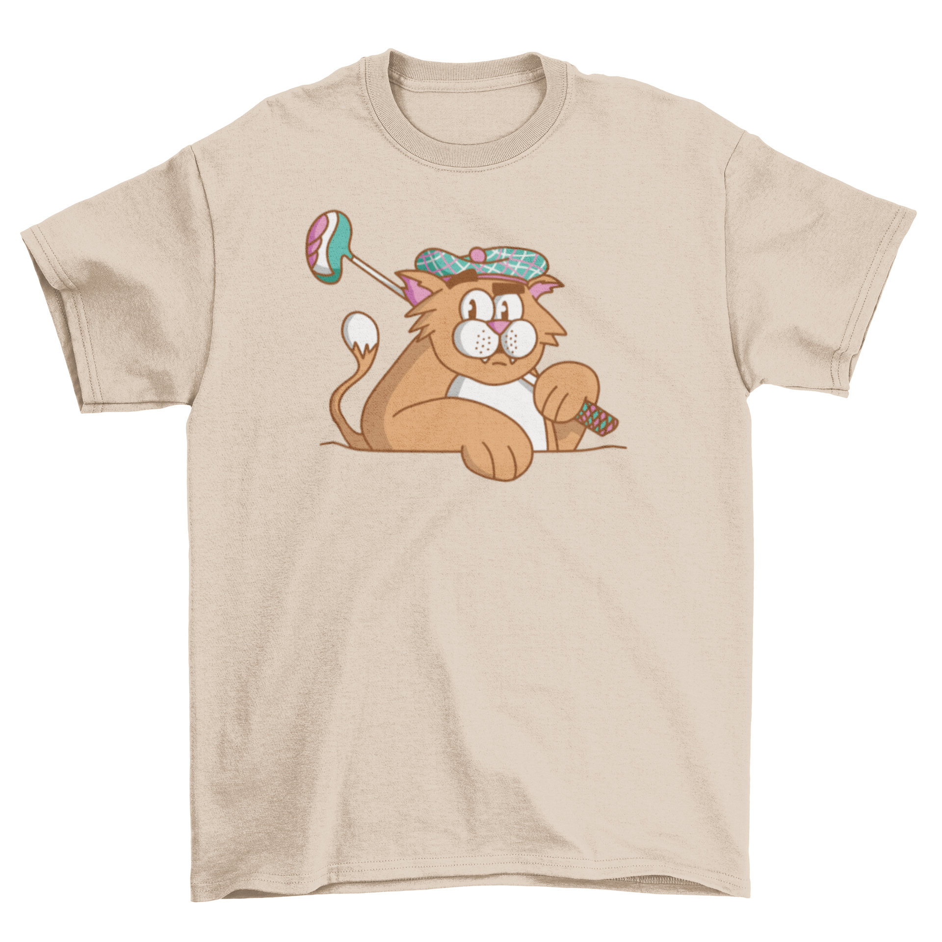 A humorous t-shirt featuring a cat dressed in gold attire, perfect for golf enthusiasts.