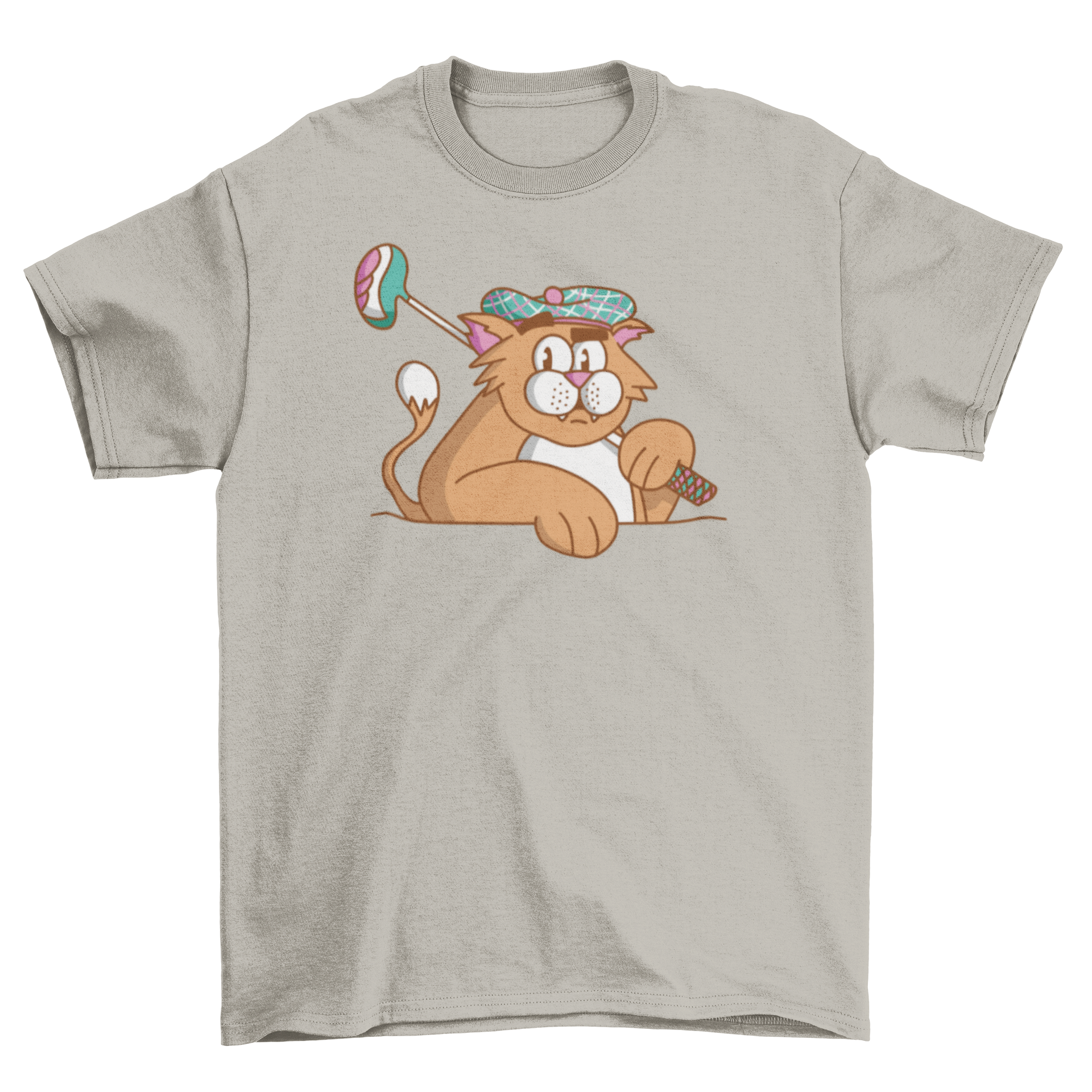 A humorous t-shirt featuring a cat dressed in gold attire, perfect for golf enthusiasts.