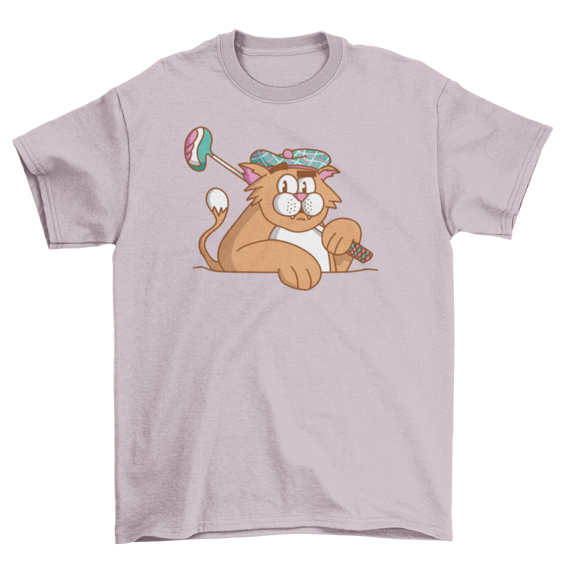 A humorous t-shirt featuring a cat dressed in gold attire, perfect for golf enthusiasts.