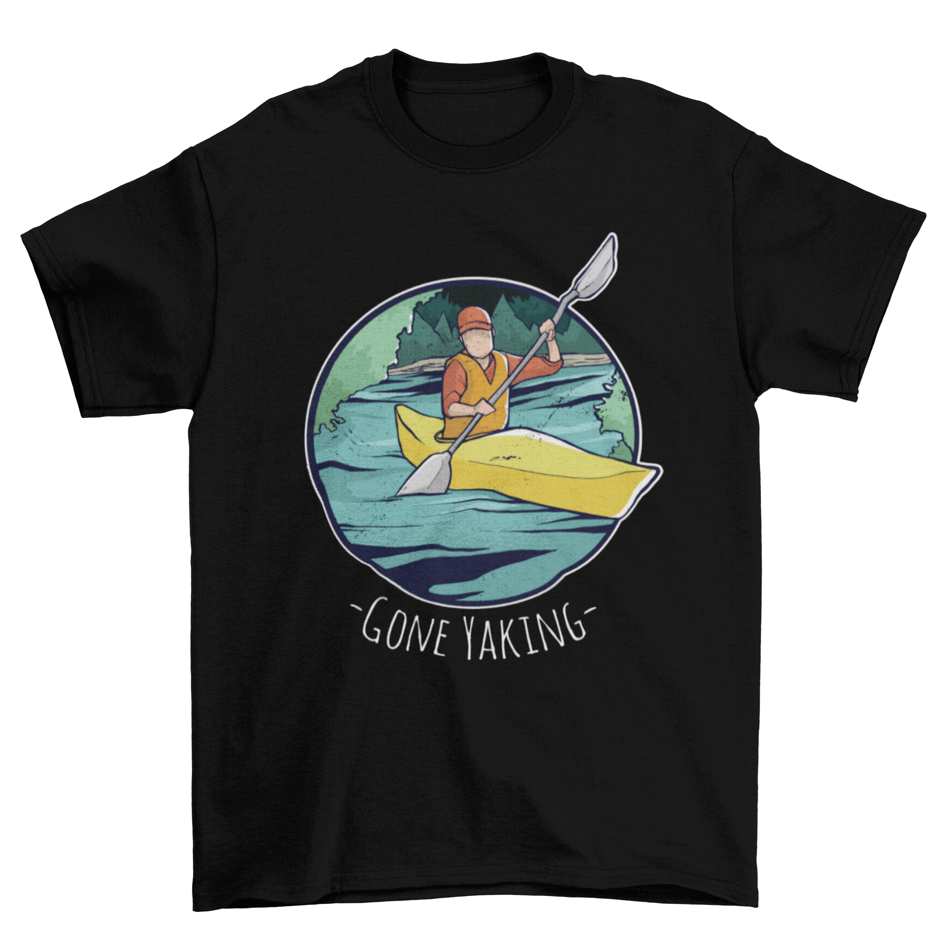 Gone Yaking t-shirt featuring a man in a life jacket paddling a yellow kayak down a river.