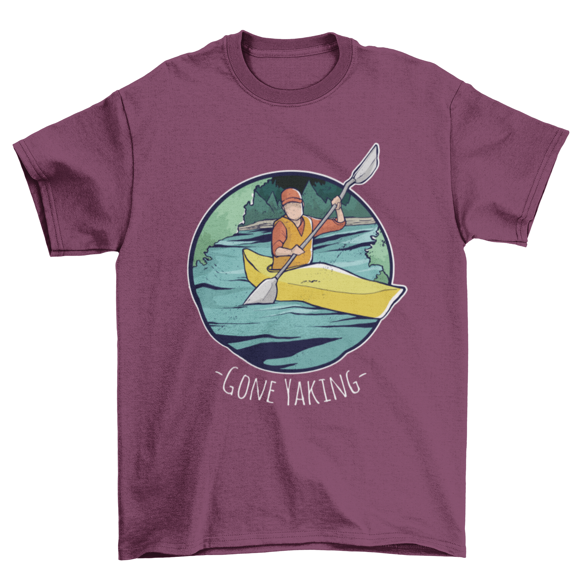 Gone Yaking t-shirt featuring a man in a life jacket paddling a yellow kayak down a river.