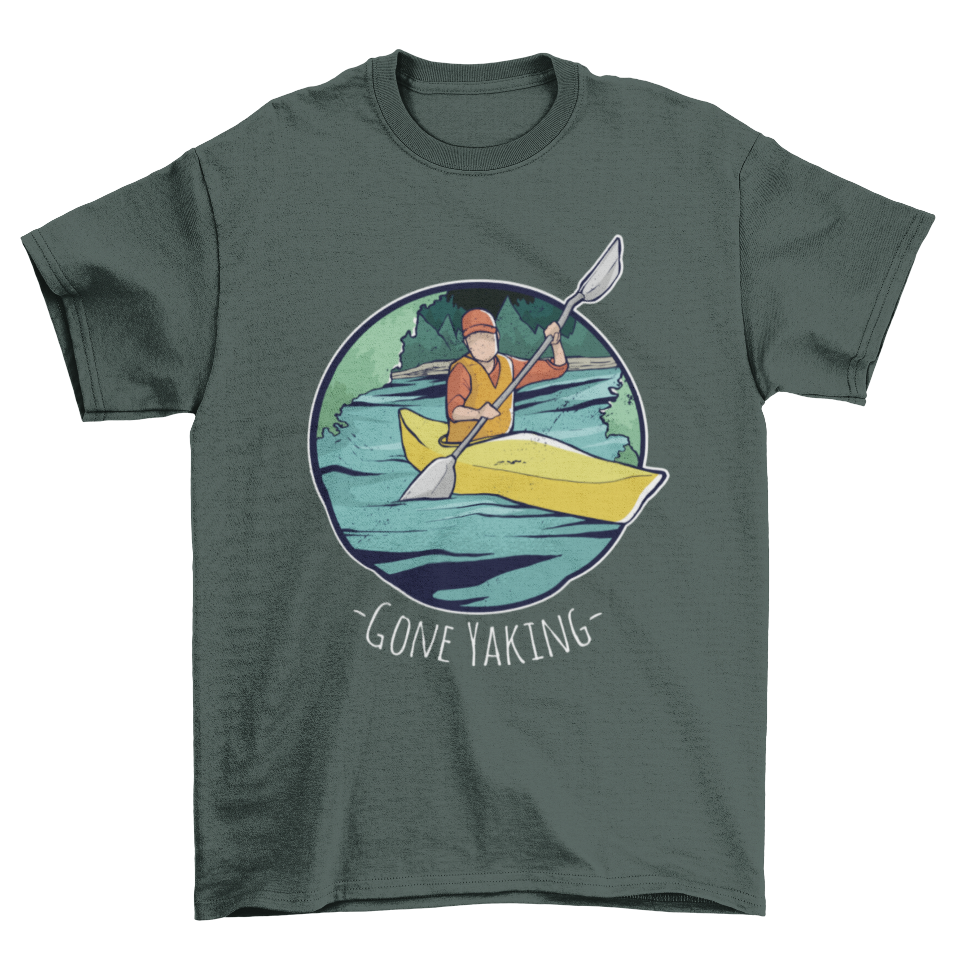 Gone Yaking t-shirt featuring a man in a life jacket paddling a yellow kayak down a river.