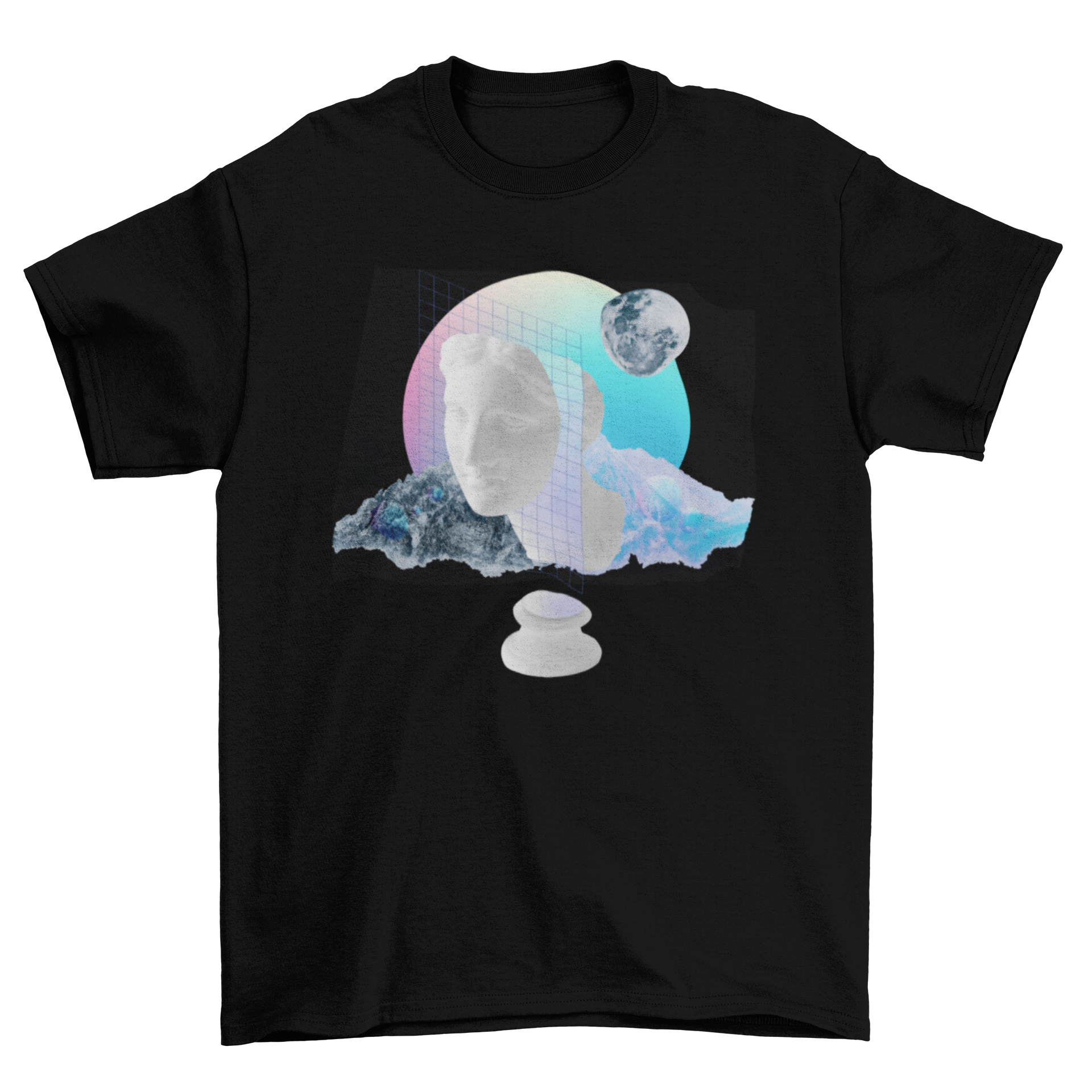 Gorgeous Fashion Vaporwave Sculpture Composition T-shirt featuring a vibrant statue design in retro colors.