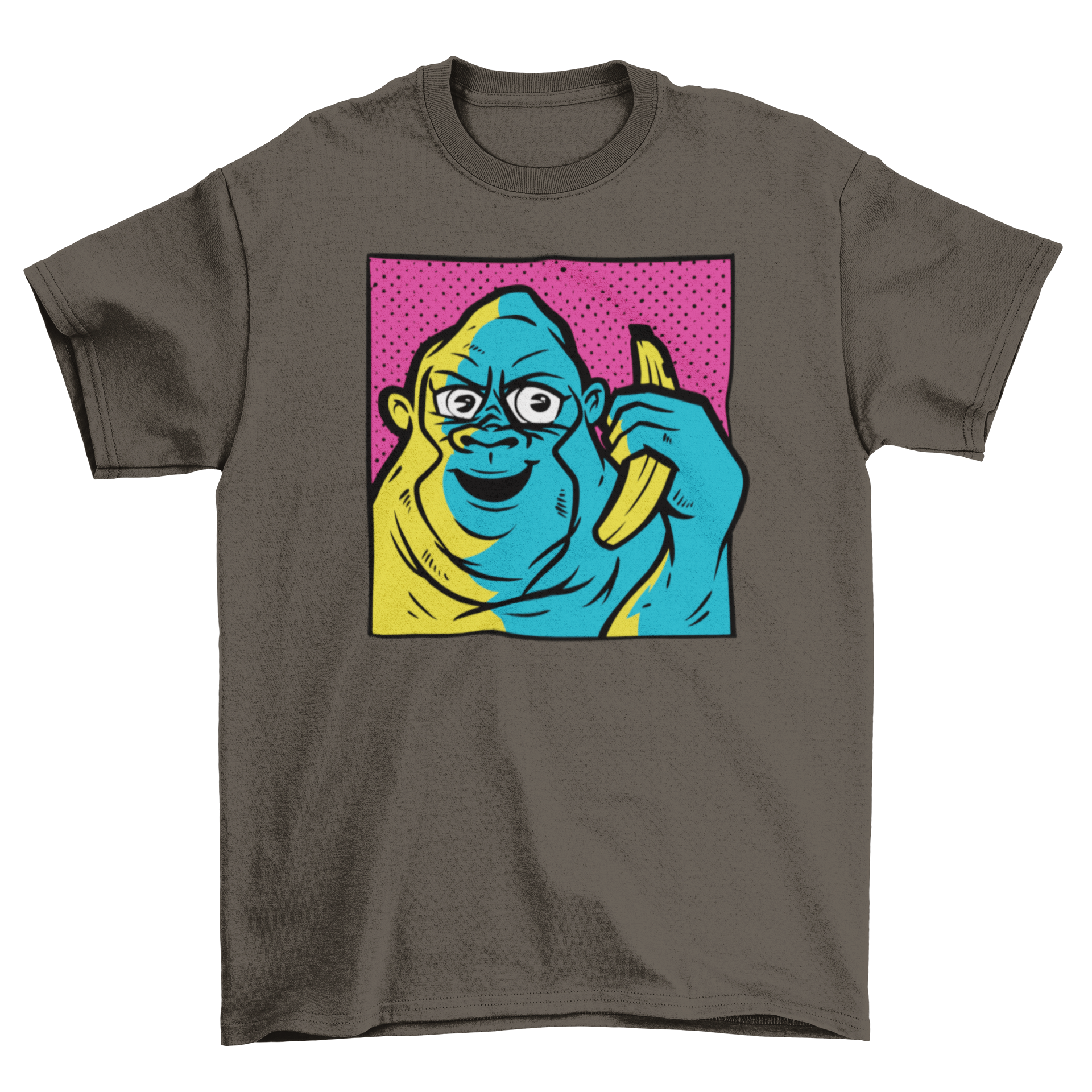 Gorilla Banana Call T-Shirt featuring a happy gorilla holding a banana in vibrant colors.