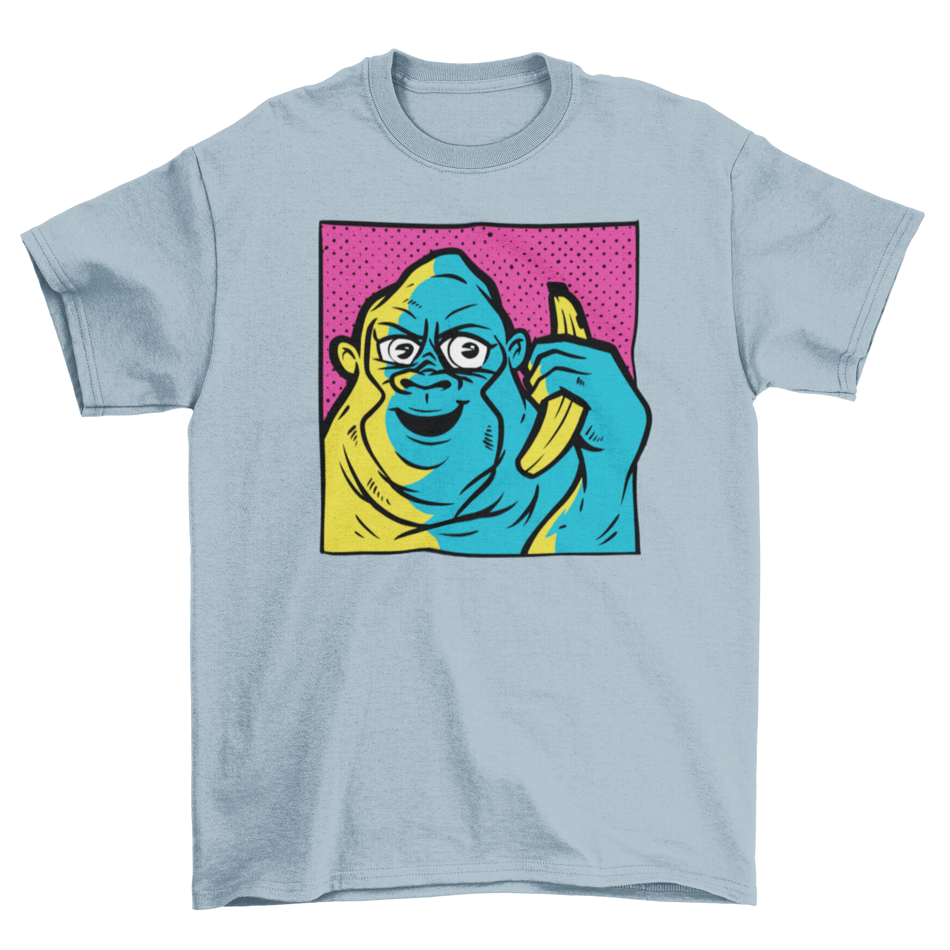 Gorilla Banana Call T-Shirt featuring a happy gorilla holding a banana in vibrant colors.