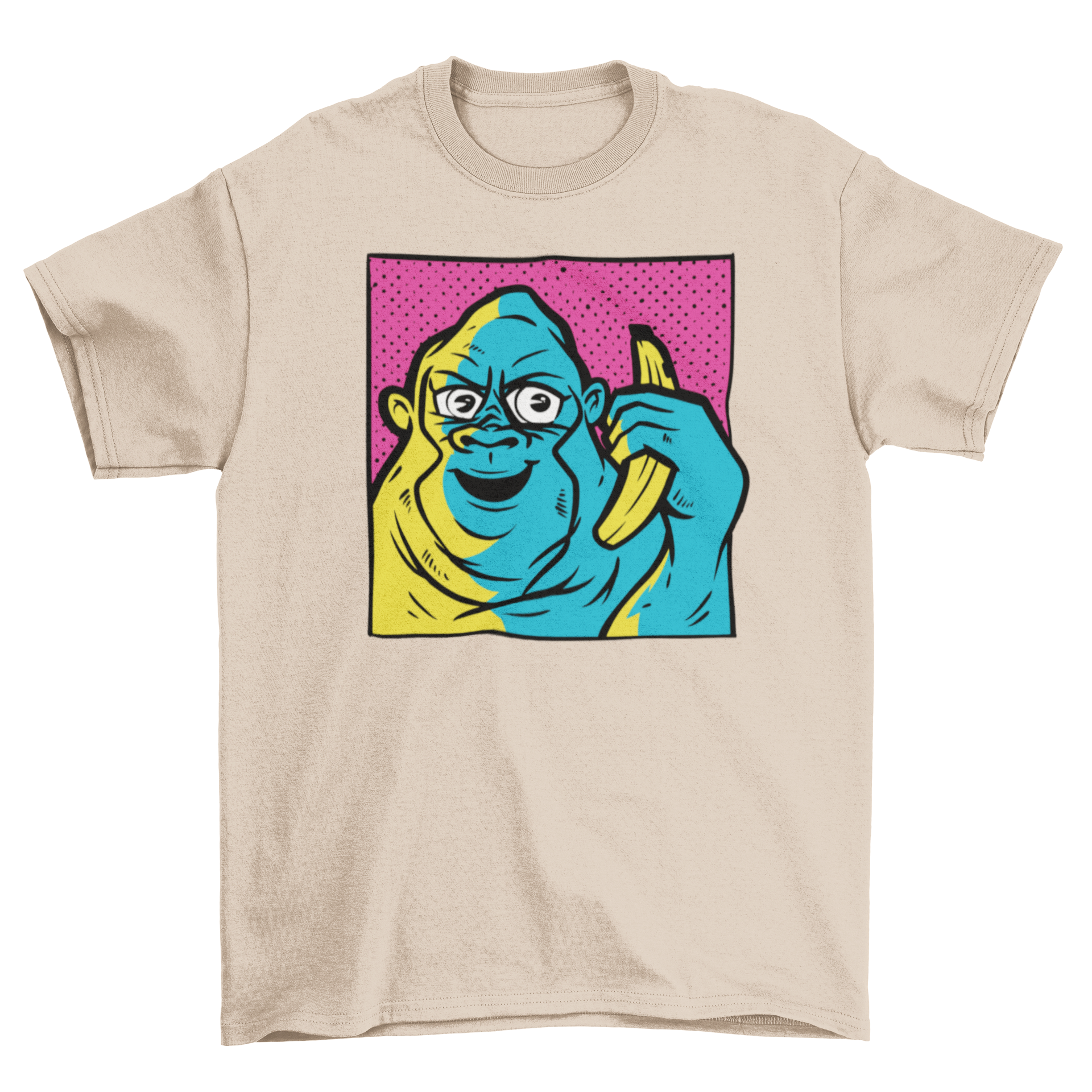 Gorilla Banana Call T-Shirt featuring a happy gorilla holding a banana in vibrant colors.