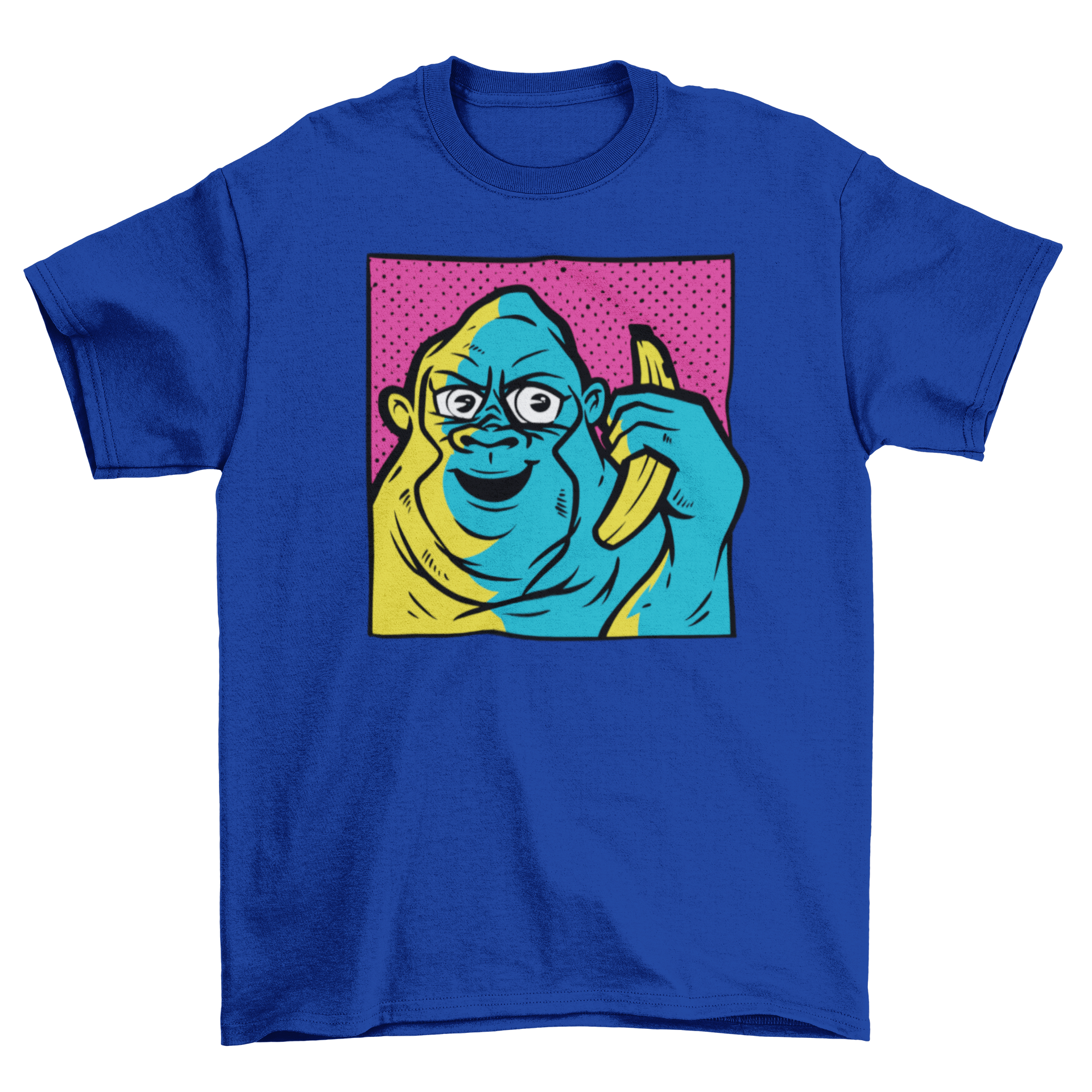 Gorilla Banana Call T-Shirt featuring a happy gorilla holding a banana in vibrant colors.