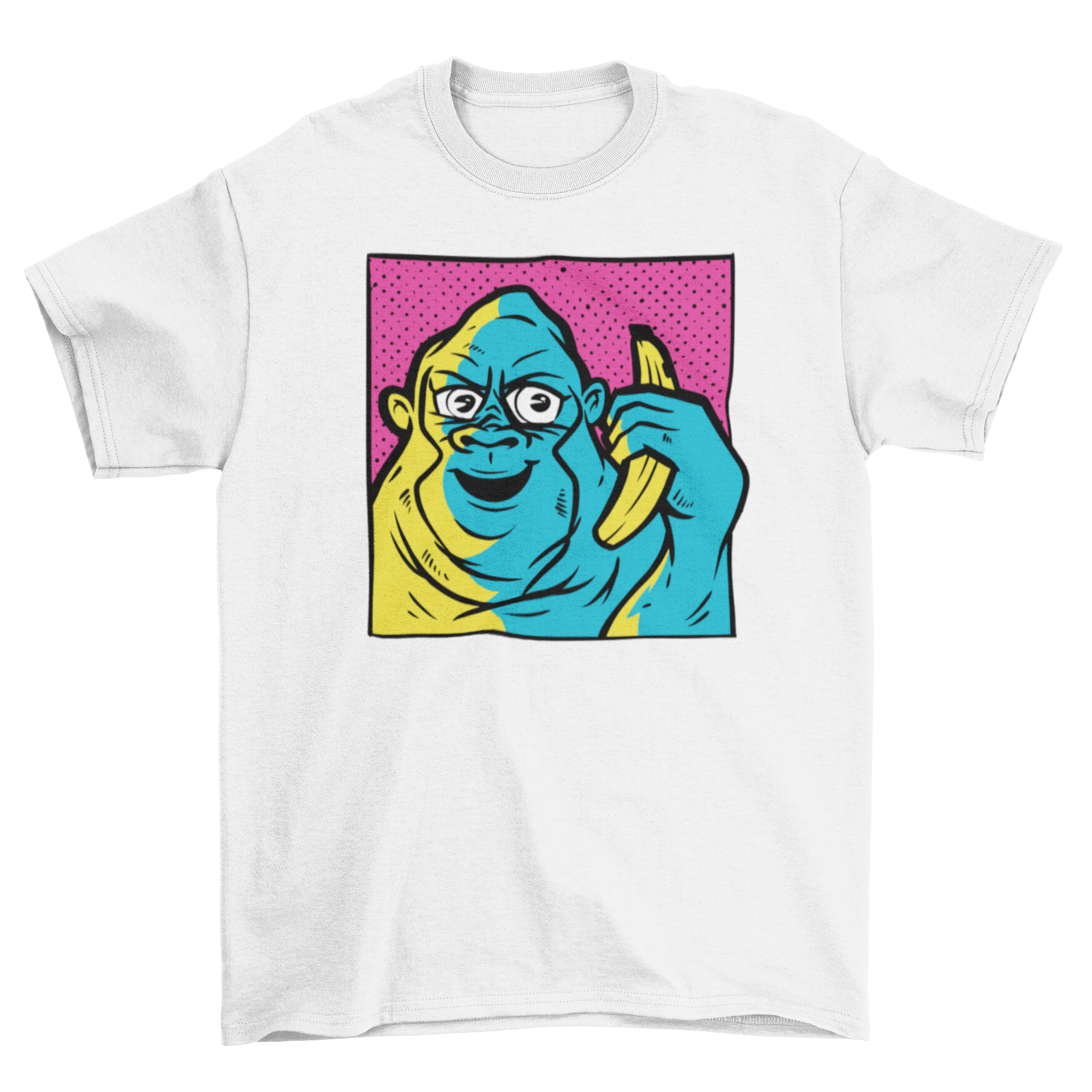 Gorilla Banana Call T-Shirt featuring a happy gorilla holding a banana in vibrant colors.