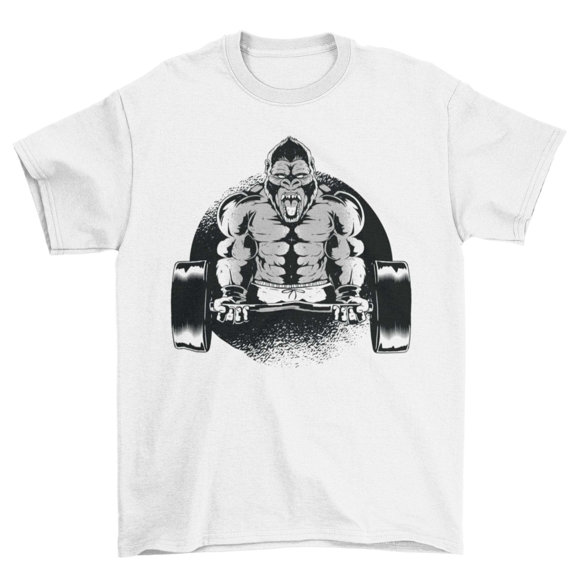 Gorilla Dumbbell T-Shirt featuring a fierce gorilla illustration raising a dumbbell, perfect for fitness enthusiasts.