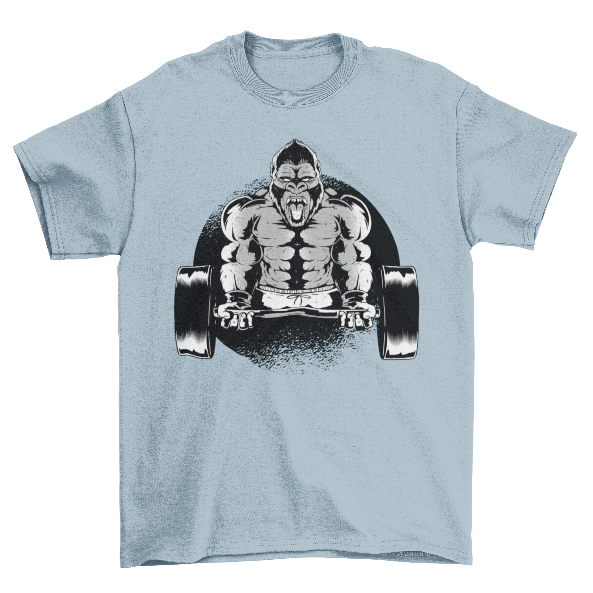 Gorilla Dumbbell T-Shirt featuring a fierce gorilla illustration raising a dumbbell, perfect for fitness enthusiasts.