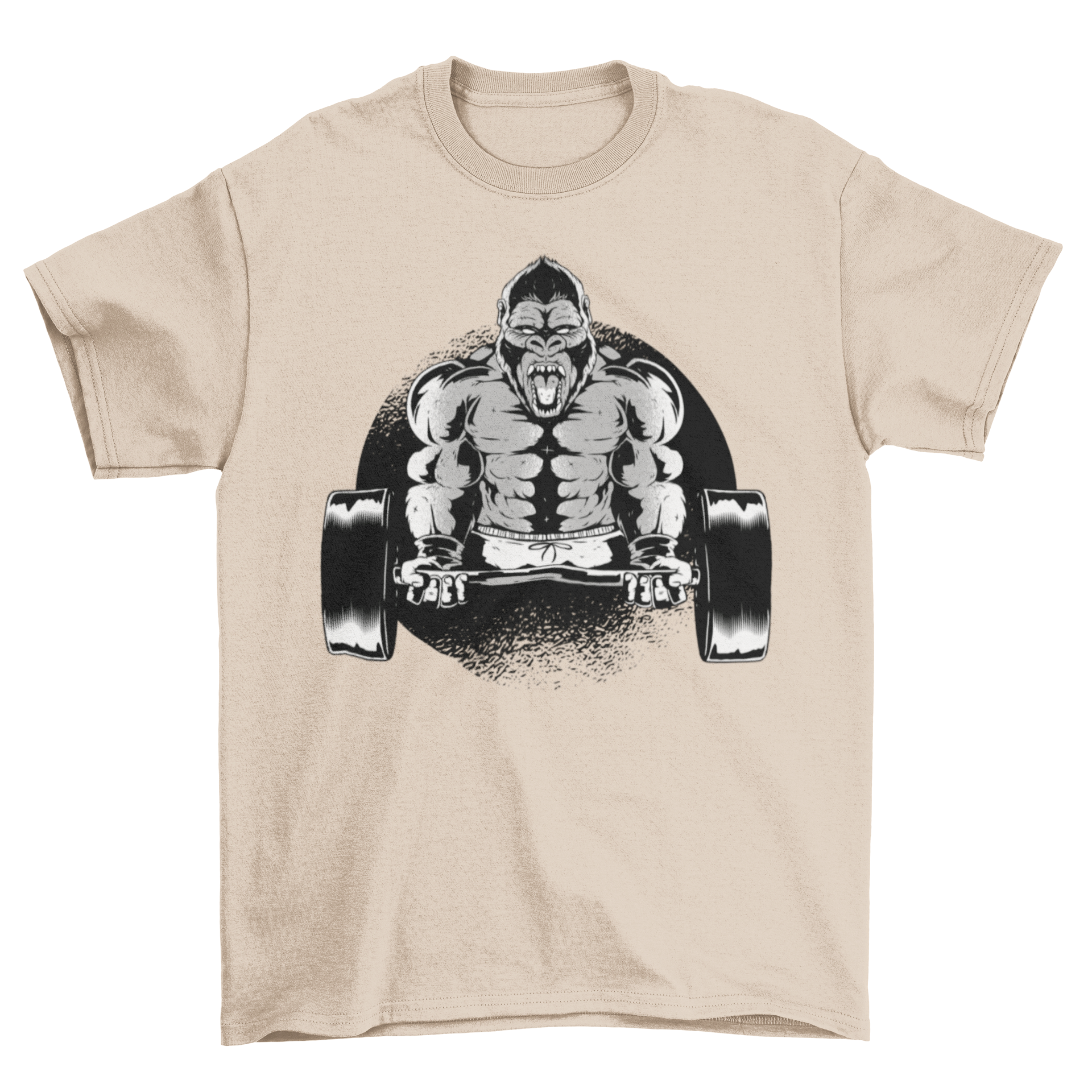 Gorilla Dumbbell T-Shirt featuring a fierce gorilla illustration raising a dumbbell, perfect for fitness enthusiasts.