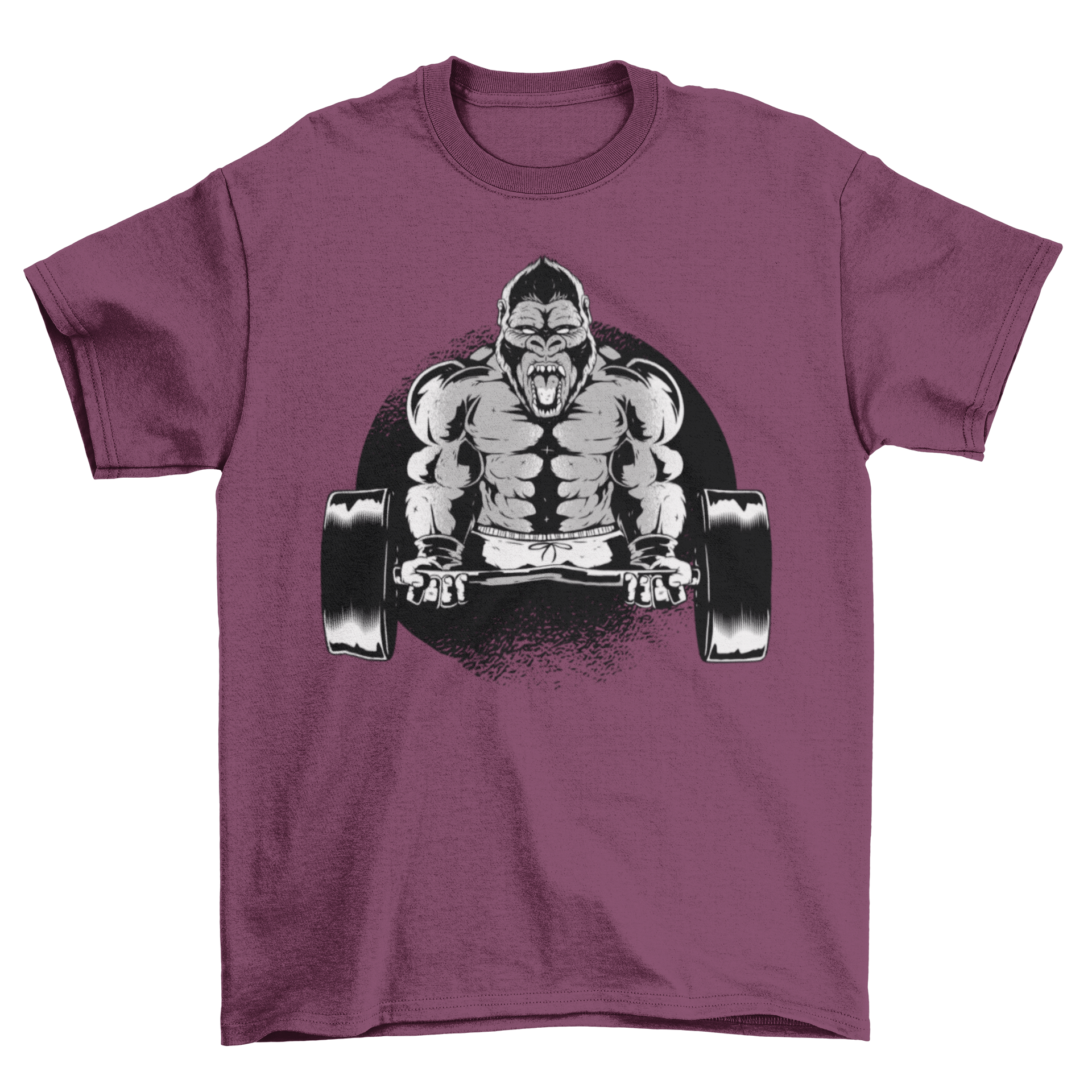 Gorilla Dumbbell T-Shirt featuring a fierce gorilla illustration raising a dumbbell, perfect for fitness enthusiasts.