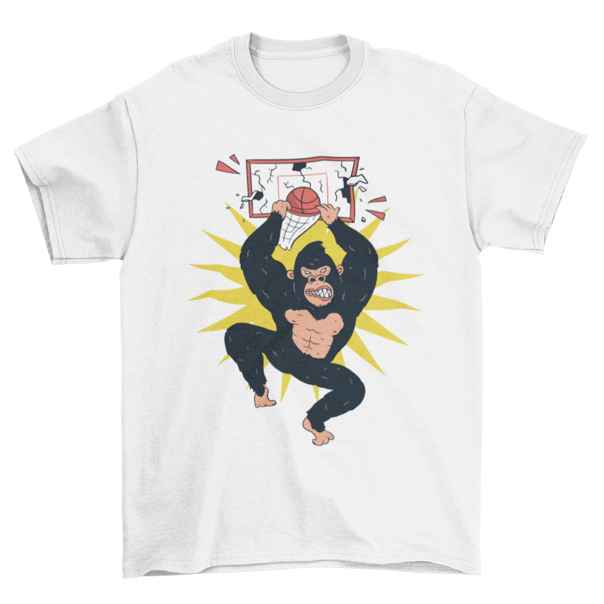 Gorilla Dunk T-shirt featuring a humorous illustration of a gorilla dunking and breaking a basketball backboard.