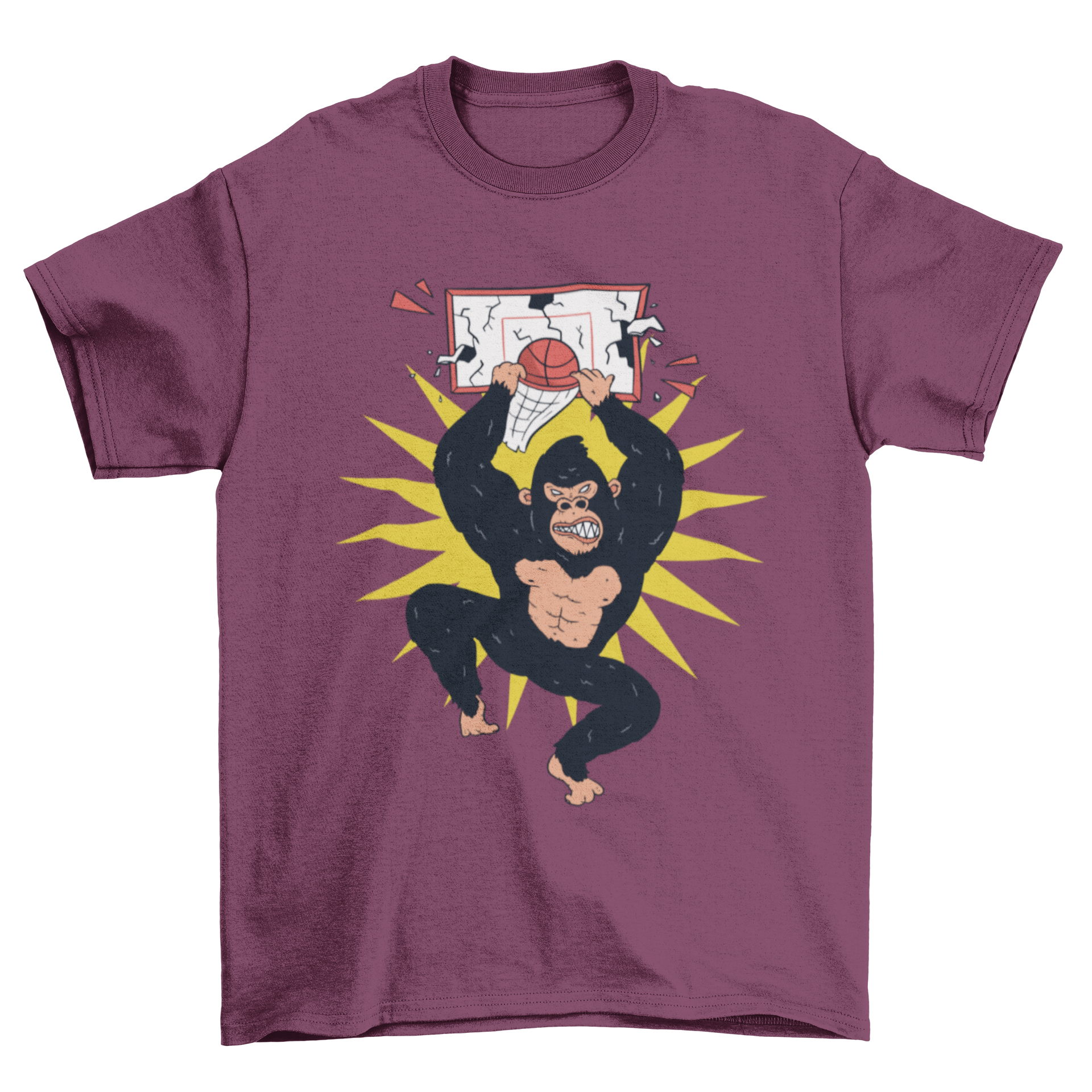 Gorilla Dunk T-shirt featuring a humorous illustration of a gorilla dunking and breaking a basketball backboard.