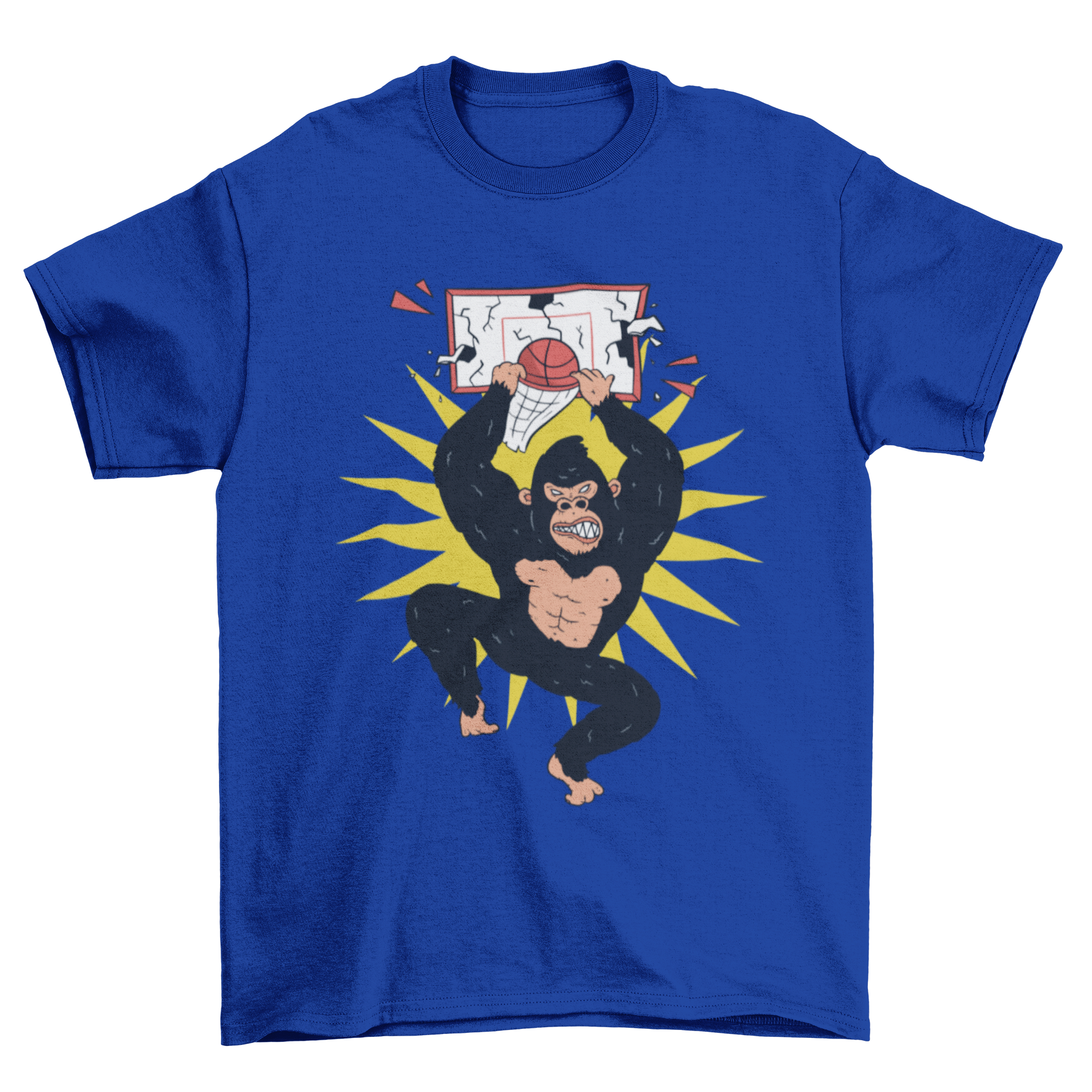 Gorilla Dunk T-shirt featuring a humorous illustration of a gorilla dunking and breaking a basketball backboard.