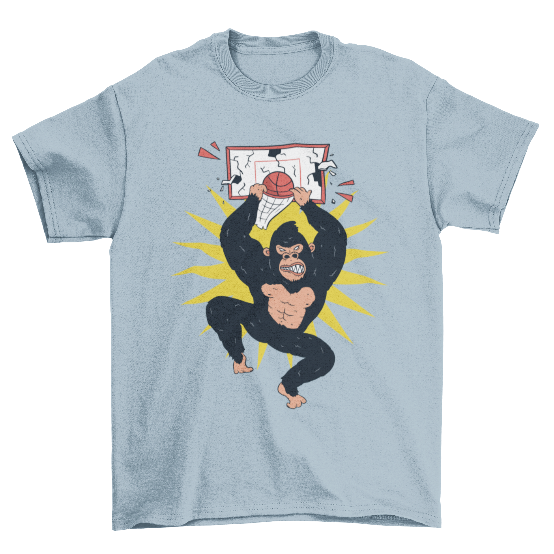 Gorilla Dunk T-shirt featuring a humorous illustration of a gorilla dunking and breaking a basketball backboard.