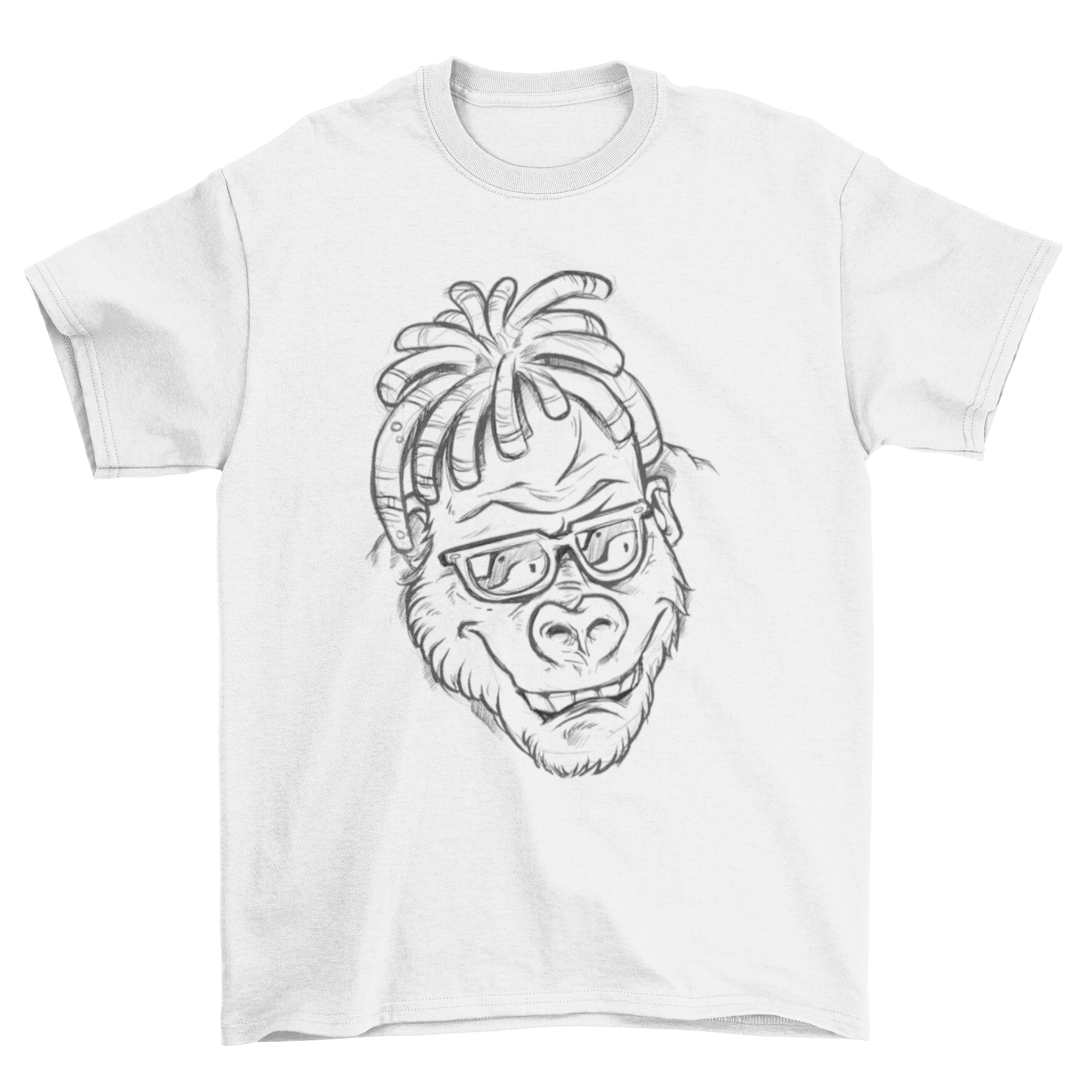 A stylish t-shirt featuring a hand drawn illustration of a gorilla with dreadlocks and sunglasses, showcasing unique artistic design.