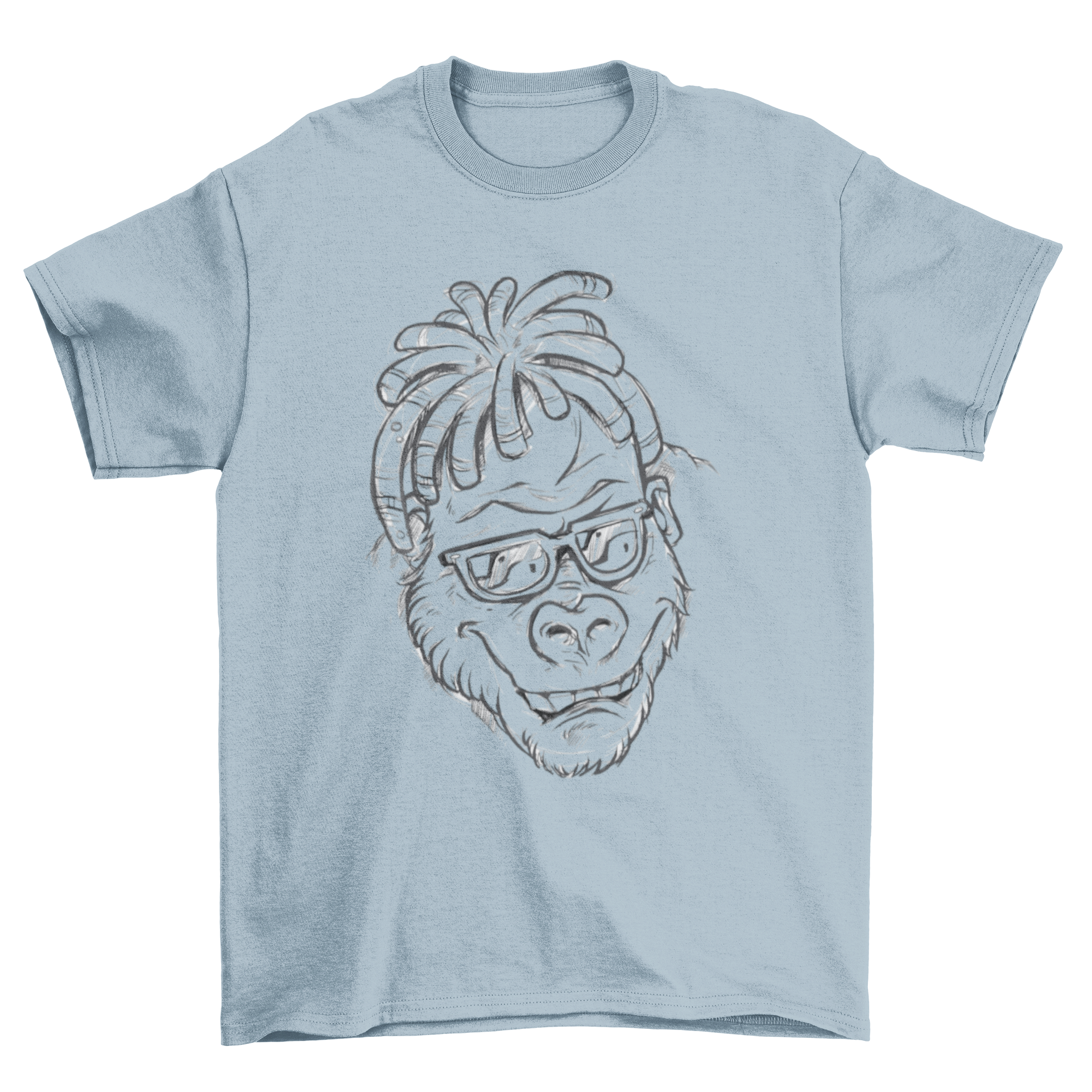 A stylish t-shirt featuring a hand drawn illustration of a gorilla with dreadlocks and sunglasses, showcasing unique artistic design.