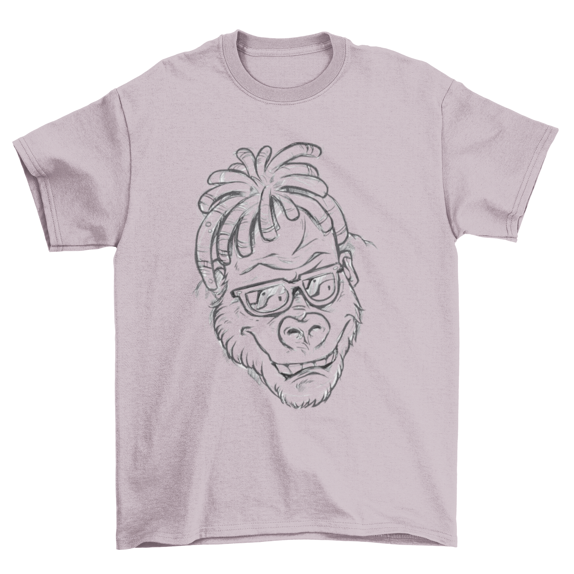 A stylish t-shirt featuring a hand drawn illustration of a gorilla with dreadlocks and sunglasses, showcasing unique artistic design.